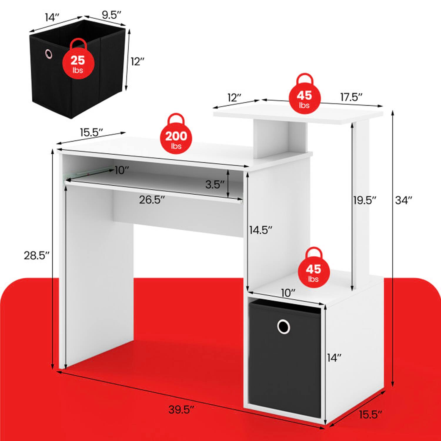 14" 9.5" 25 lbs  
12" 12" 45 lbs  
17.5" 15.5" 200 lbs  
10" 26.5" 3.5" 19.5" 34" 14.5" 28.5" 10" 45 lbs  
14" 39.5" 15.5"