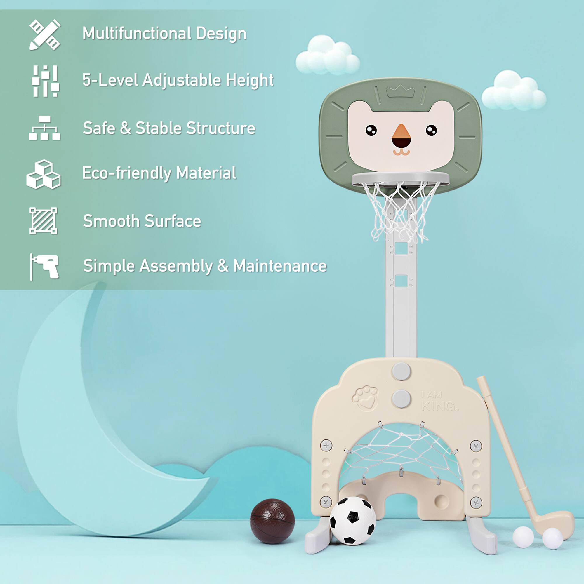 Multifunctional Design, 5-Level Adjustable Height, Safe & Stable Structure, Eco-friendly Material, Smooth Surface, Simple Assembly & Maintenance, I AM KING.