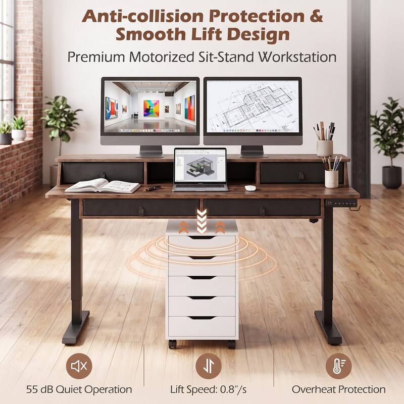 Anti-collision Protection & Smooth Lift Design  
Premium Motorized Sit-Stand Workstation  
55 dB Quiet Operation  
Lift Speed: 0.8"/s  
Overheat Protection