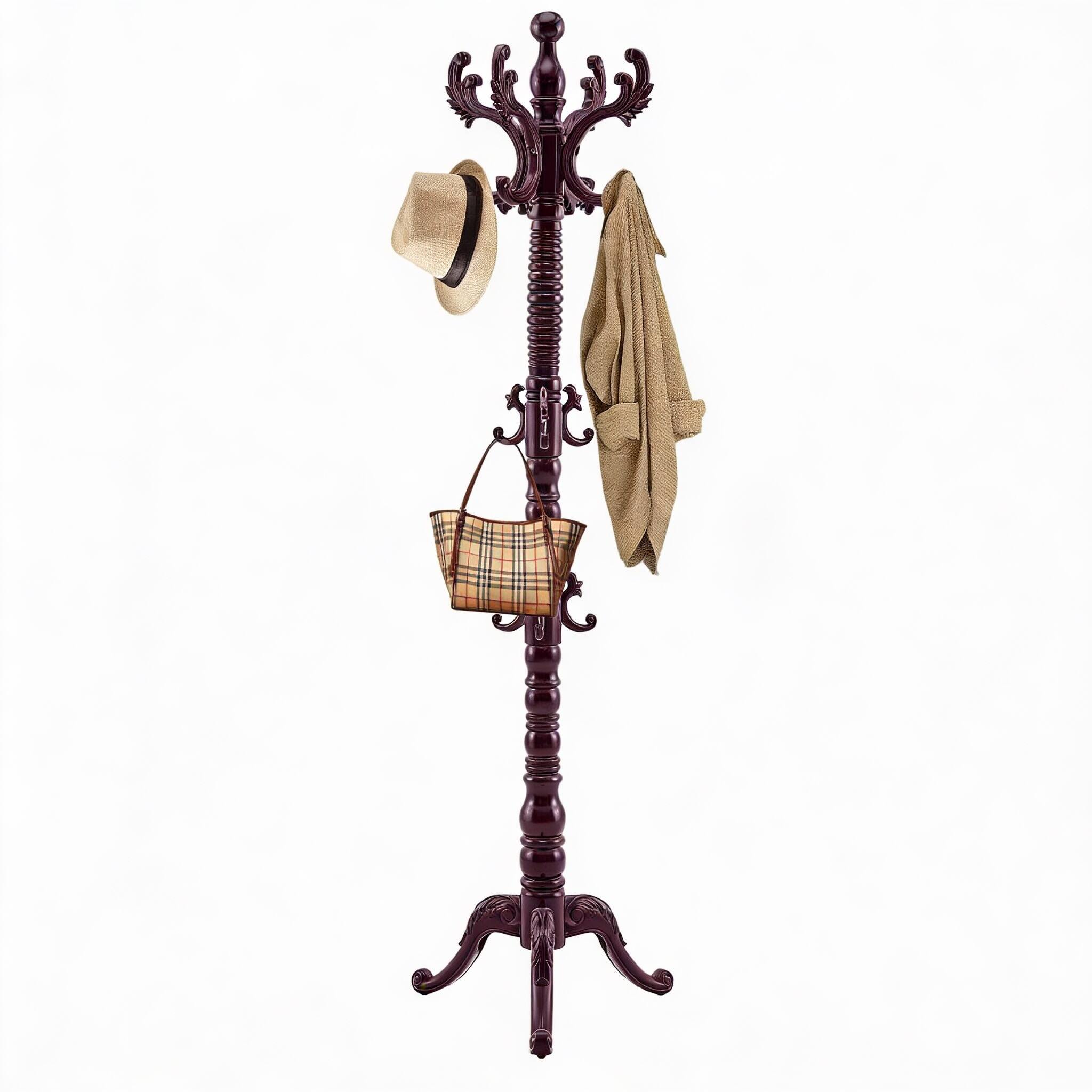 Front. Frangdom - Birch Wood Coat Rack 14 Hooks Adjustable Luxury Tree Stand - BROWN 18.9"D x 18.9"W x 70"H.