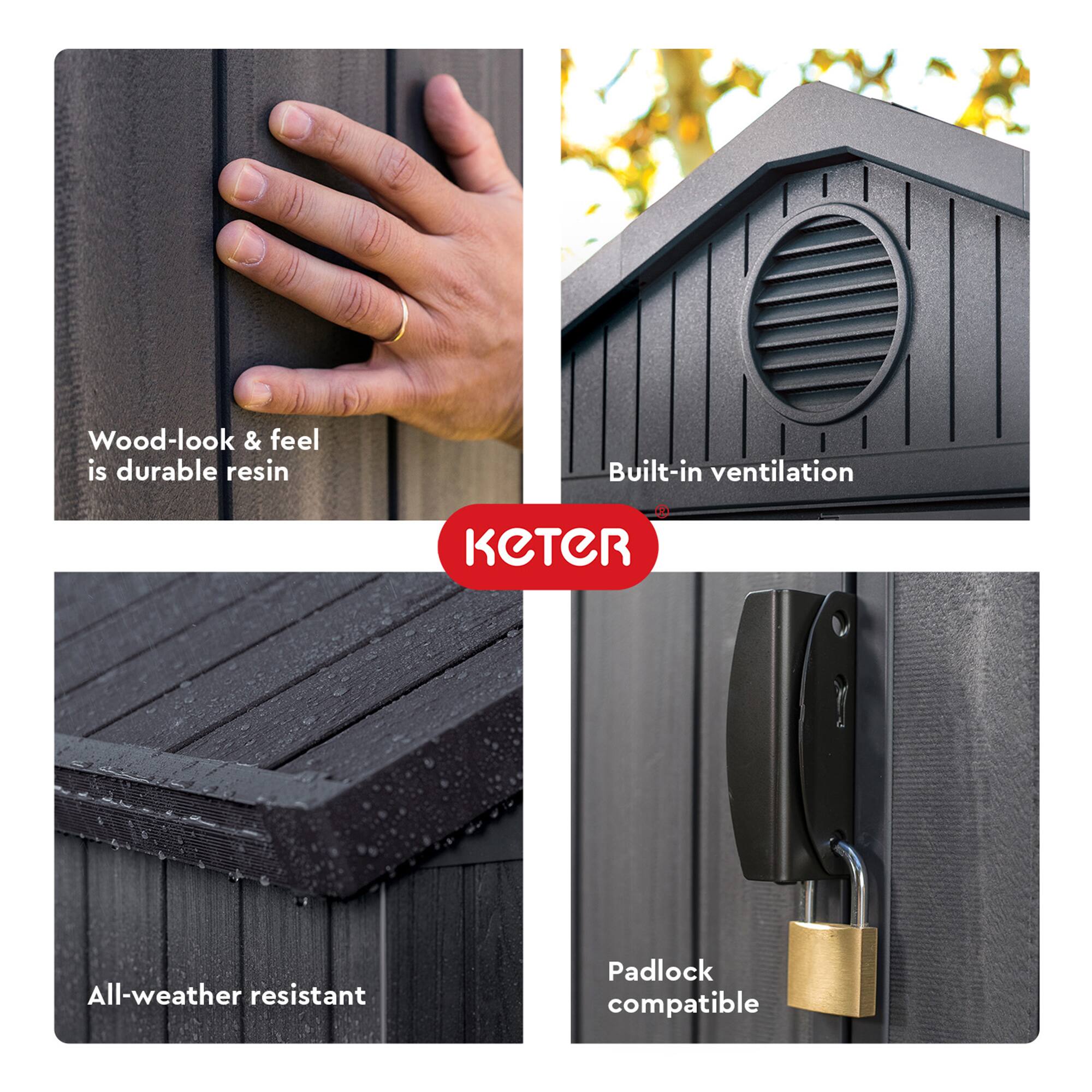 - Wood-look & feel is durable resin
- Built-in ventilation
- All-weather resistant
- Padlock compatible