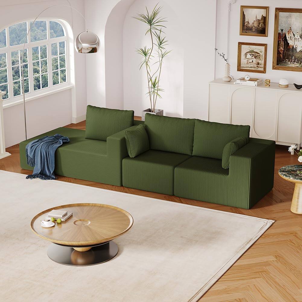 Alt View 3. Trinkets Crazed - 108.3in Sectional Foam Couch, Corduroy Fabric L Shape Sofa with Chaise Lounge - green.