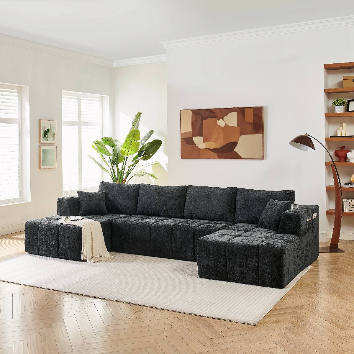Angle. Ropilly - Ropilly U Shaped Chenille Sectional Sofa, Cloud Style Upholstered Couch, Black Modular Sectional Couch - Black.