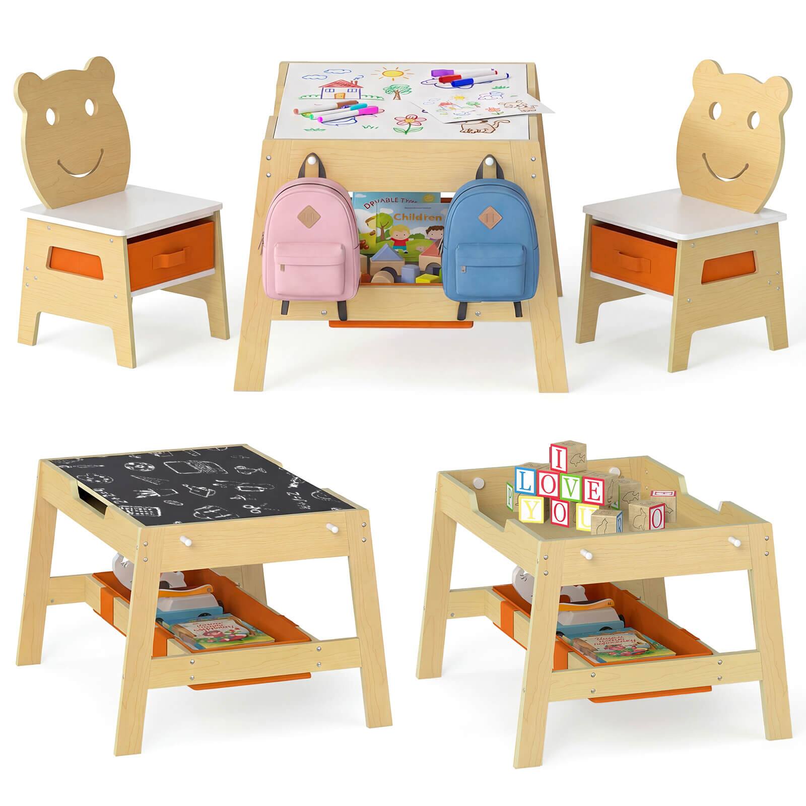 Costway - 5-in-1 Kids' Table & Chair Set with Chalkboard, Whiteboard, 3 Storage Bins, 4 Hooks - Natural,White,Orange