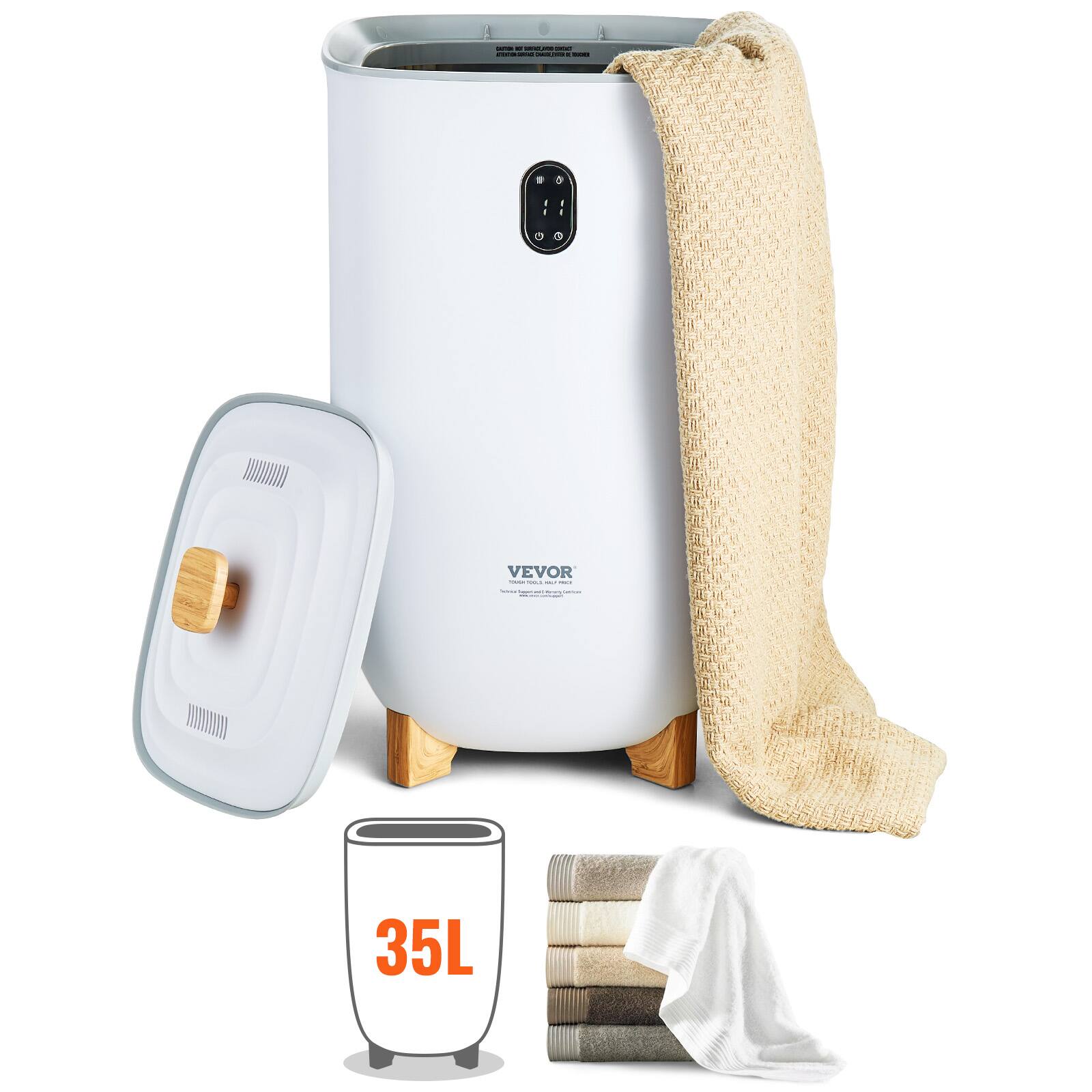 VEVOR - Towel Warmer 35L, Towel Warmer Bucket with Drying Modes(2-5h), Heating Mode 20/40/60/90 Min Auto Shut Off, LED Screen - White