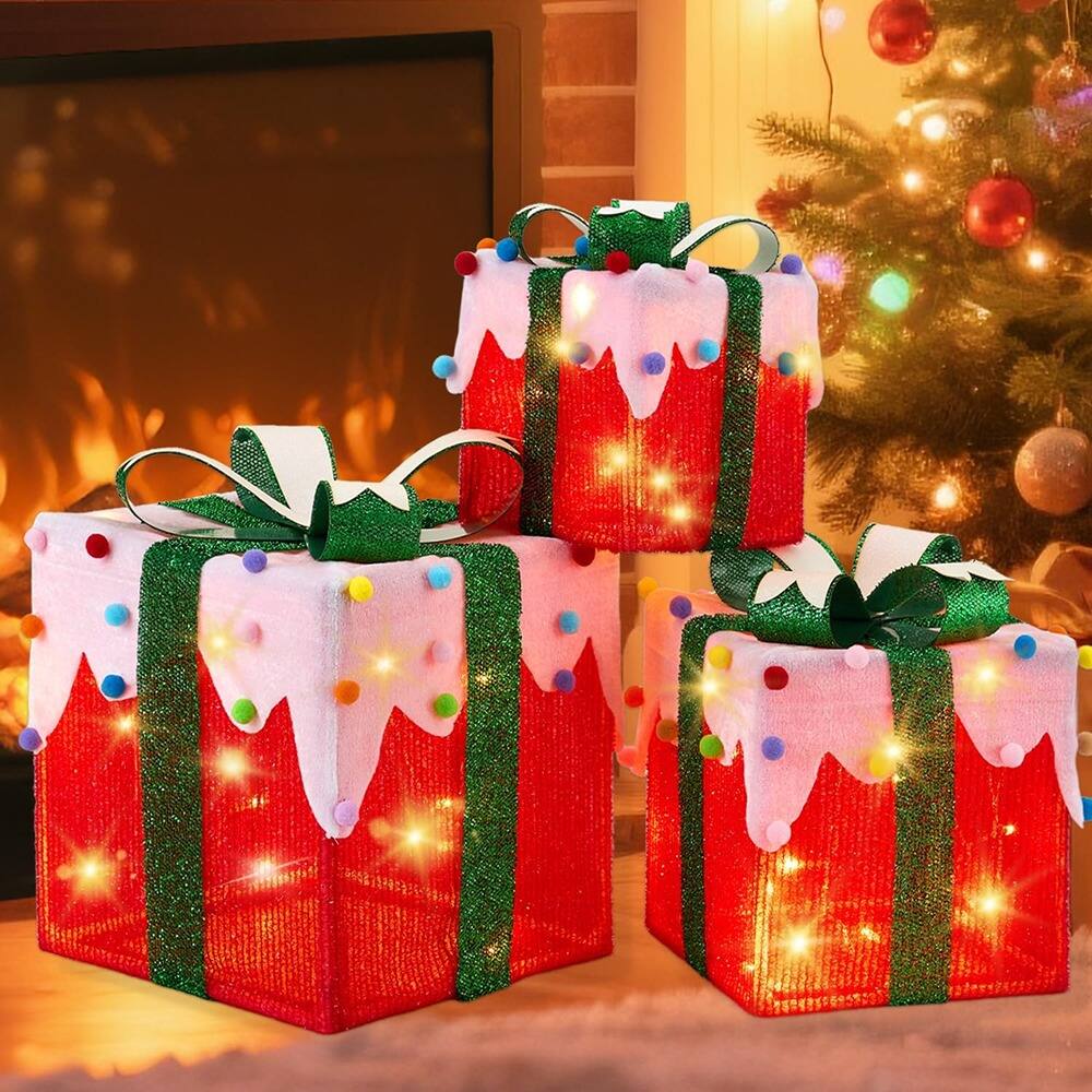 Alt View 4. RTMB - Set of 3 LED Lighted Gift Boxes w/ Green Bows & Colorful Accents - multicolor.
