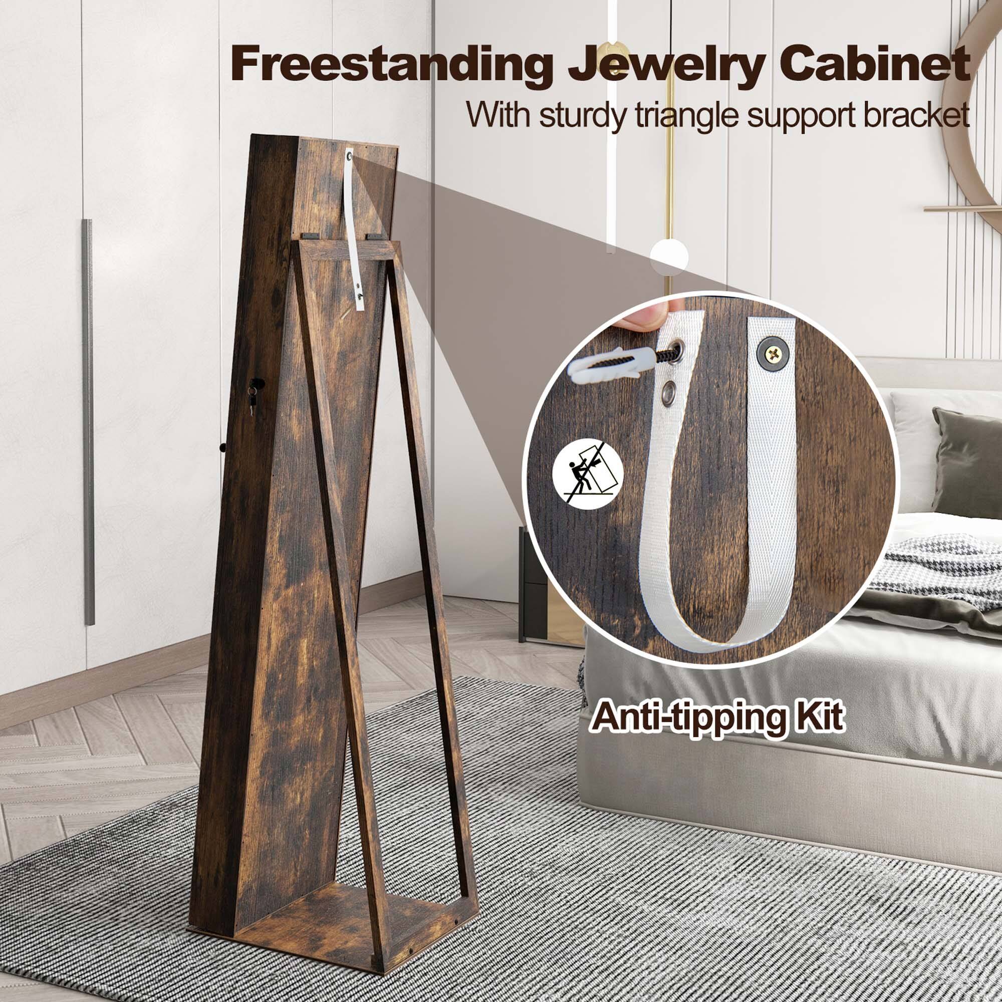 Freestanding Jewelry Cabinet With sturdy triangle support bracket Anti-tipping Kit