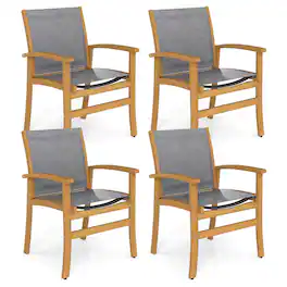 Costway - 4 PCS Outdoor Dining Chairs Acacia Wood Patio Chairs with Breathable Fabric Seat - Multicolor