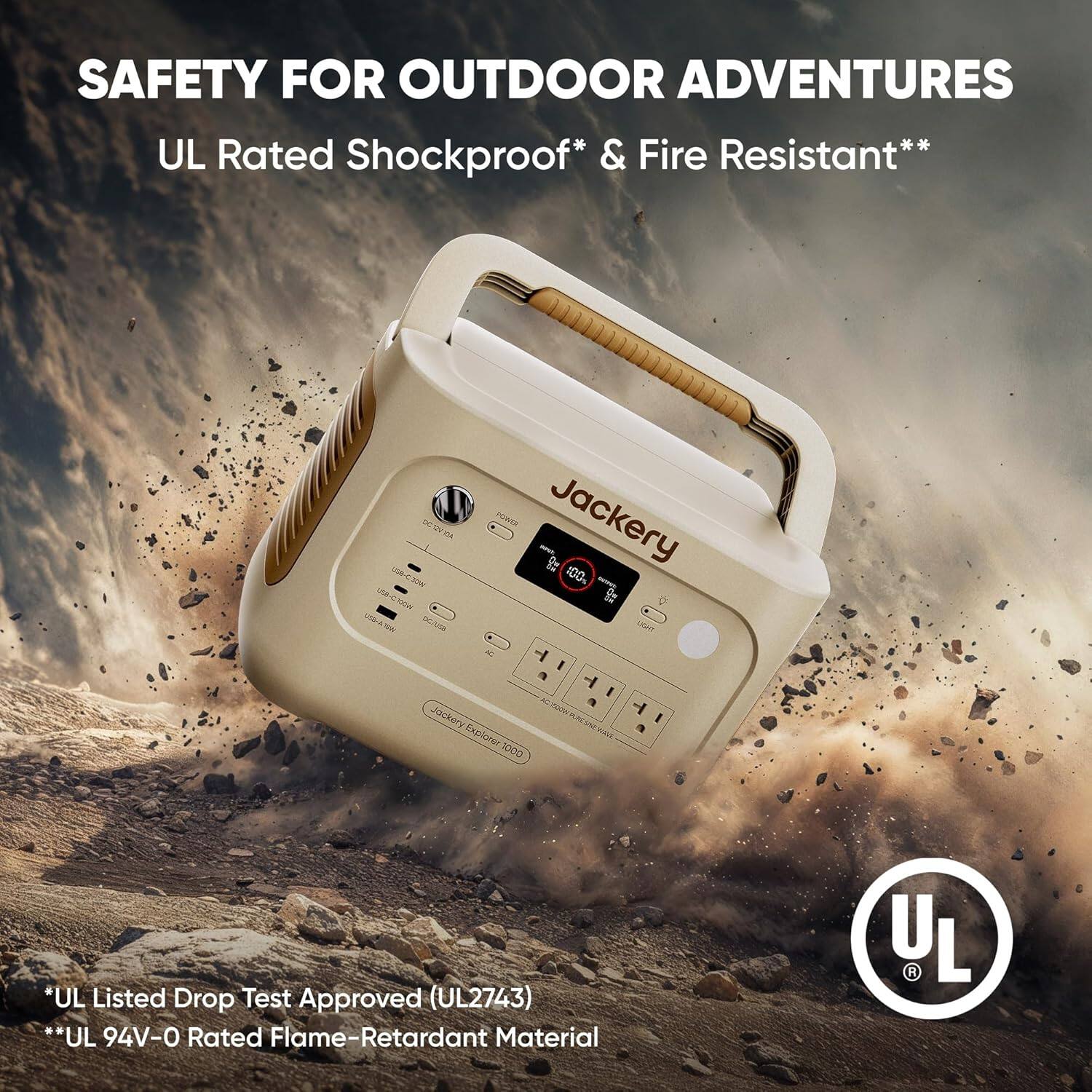 SAFETY FOR OUTDOOR ADVENTURES  
UL Rated Shockproof* & Fire Resistant**  

DC 12V 104 VISION USB-A WE 50/018  
POWA Jackery 100% - MC  
Jackery Explorer 1000  

*UL Listed Drop Test Approved (UL2743)  
**UL 94V-0 Rated Flame-Retardant Material