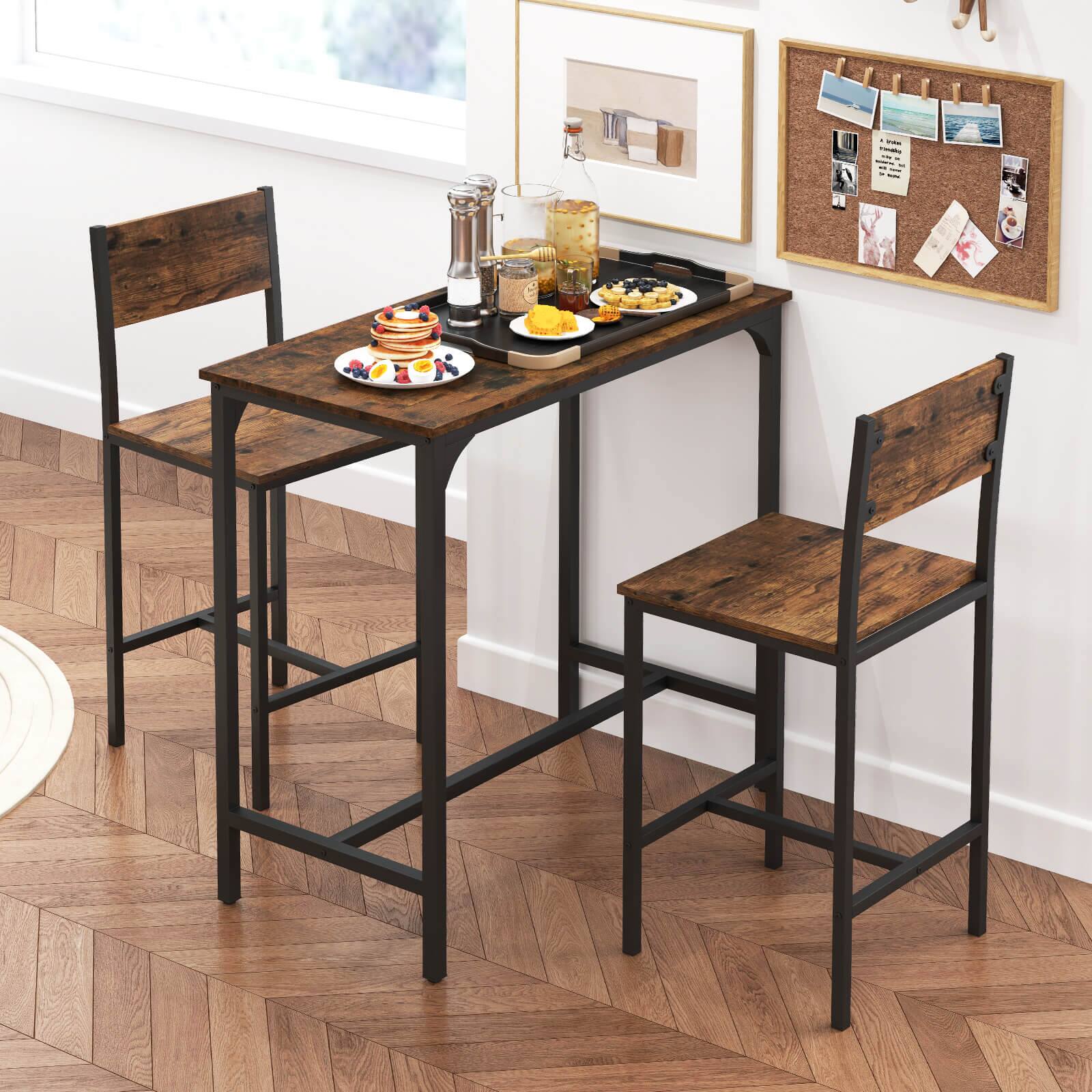 Alt View 4. Costway - Costway 3 PCS Bar Table Set Pub Dining Table & 2 Bar Stools with Backrest & Footrest - Brown.