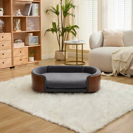 Front. APRILSOUL - Scandinavian style Elevated Dog Bed Pet Sofa With Solid Wood legs and Walnut Bent Wood Back Velvet Large Size - Dark Gray.