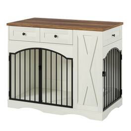 Runesay - 43.3in Beige and Brown Heavy Duty Farmhouse Indoor Wooden Dog Crate Kennel Furniture End Table with 3 Drawers