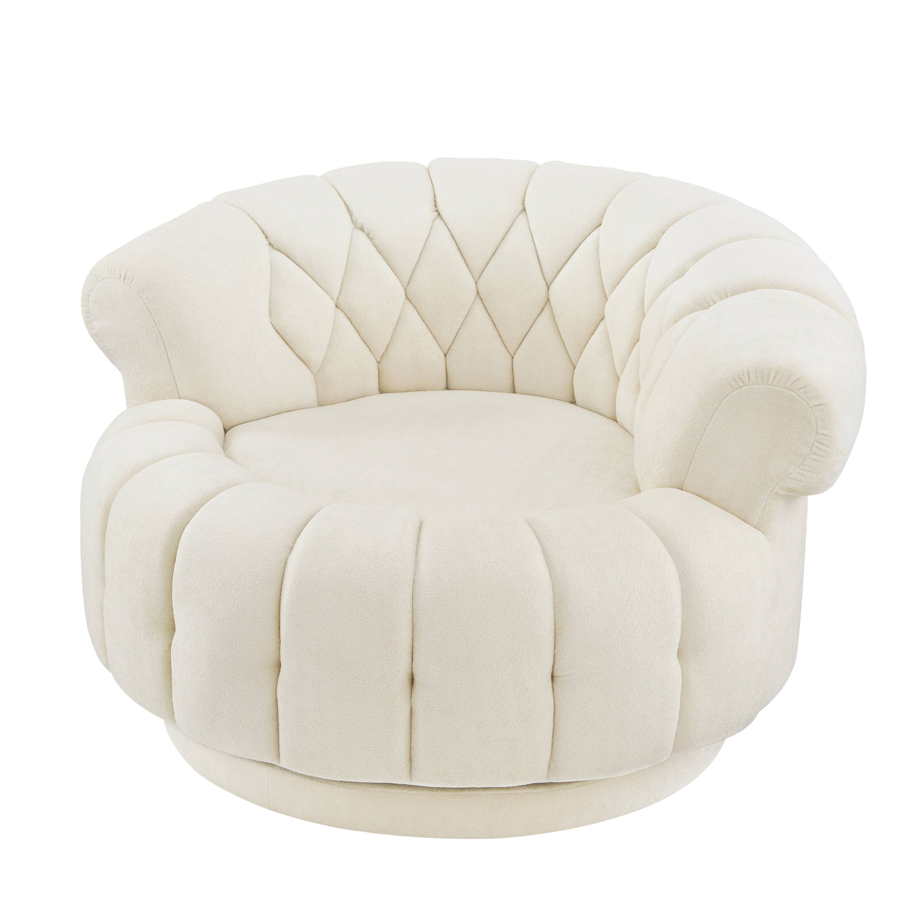 Angle. Whisen - 45.9" Oversized Round Swivel Sofa Accent Chair with Tufted Back and Chenille Upholstery - Beige.