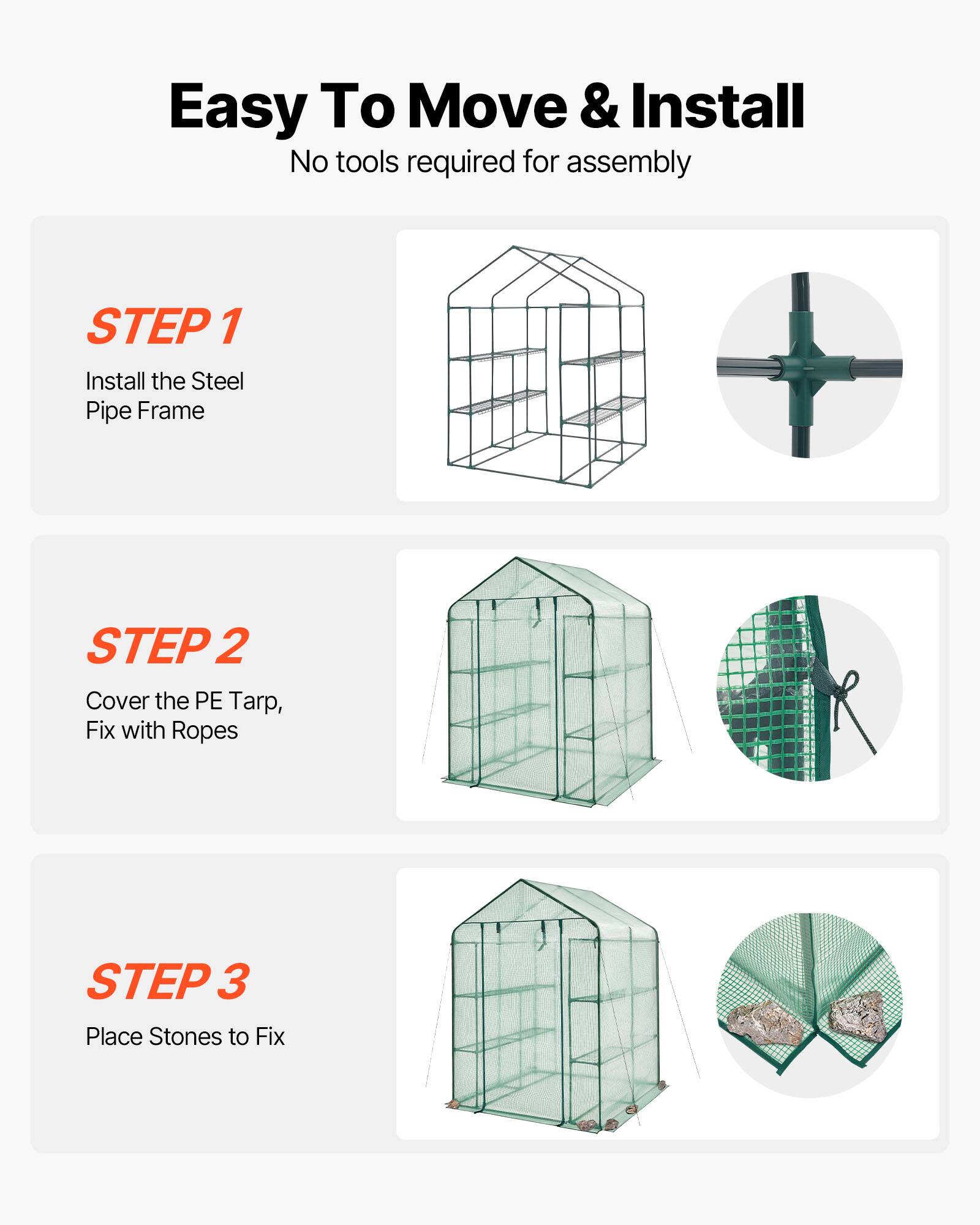 Easy To Move & Install  
No tools required for assembly  

STEP 1  
Install the Steel Pipe Frame  

STEP 2  
Cover the PE Tarp, Fix with Ropes  

STEP 3  
Place Stones to Fix