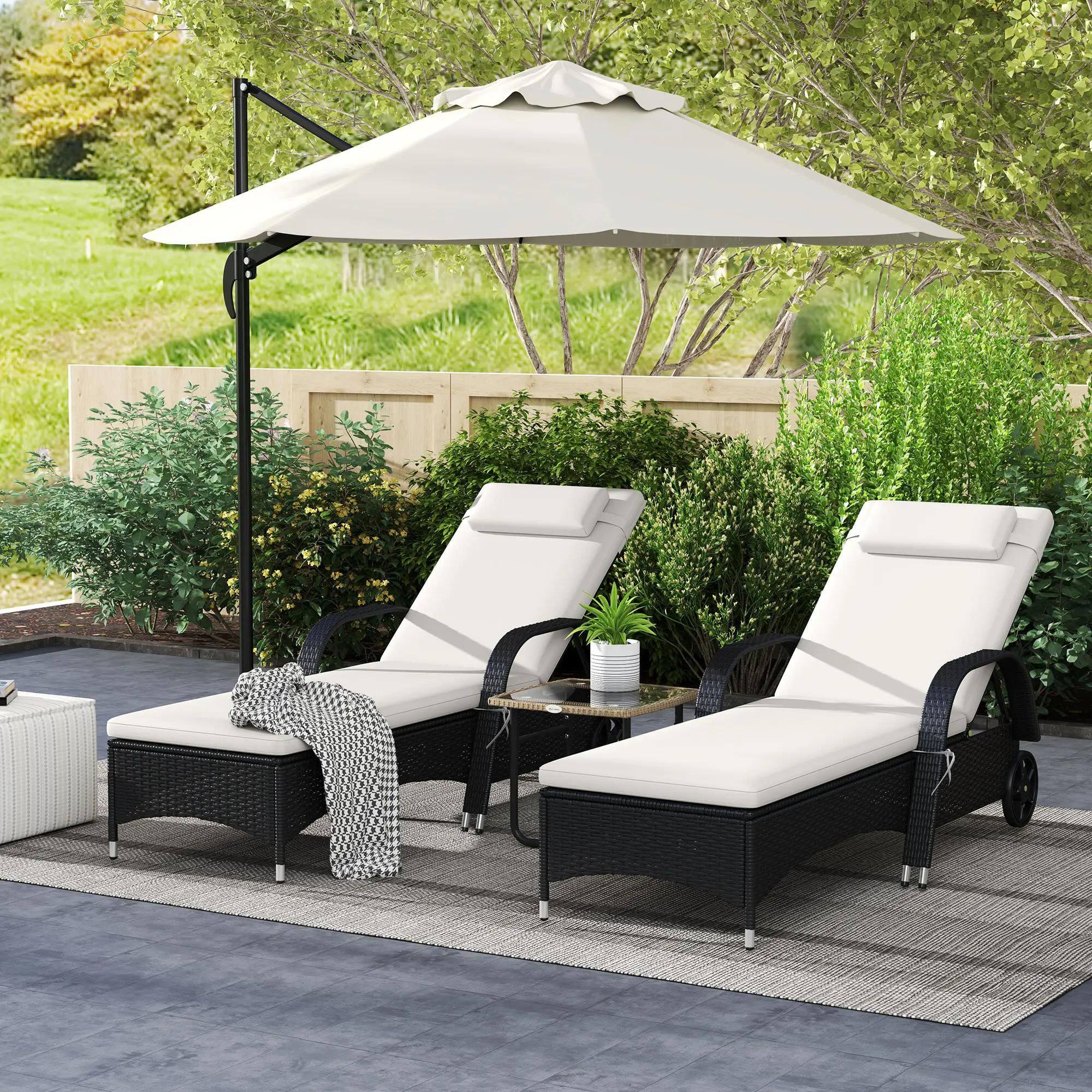 Alt View 7. Resenkos - Resenkos 2 Reclining Chaise Lounge Chairs, Outdoor Sectional Furniture, PE Rattan, White - Deep Coffee and Cream White.