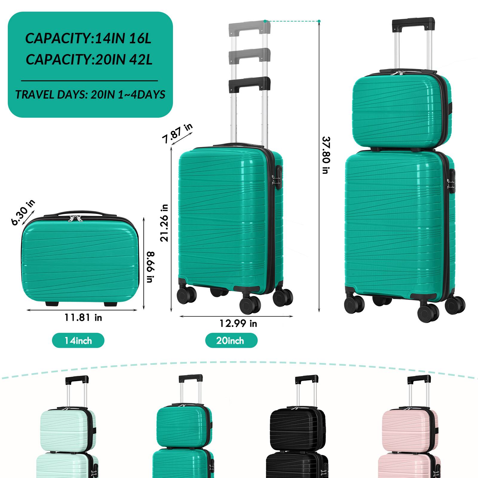 CAPACITY: 14IN 16L  
CAPACITY: 20IN 42L  
TRAVEL DAYS: 20IN 1~4DAYS  

14inch  
20inch  

Dimensions:  
- 14inch: 6.30 in x 11.81 in x 7.87 in  
- 20inch: 8.66 in x 12.99 in x 21.26 in