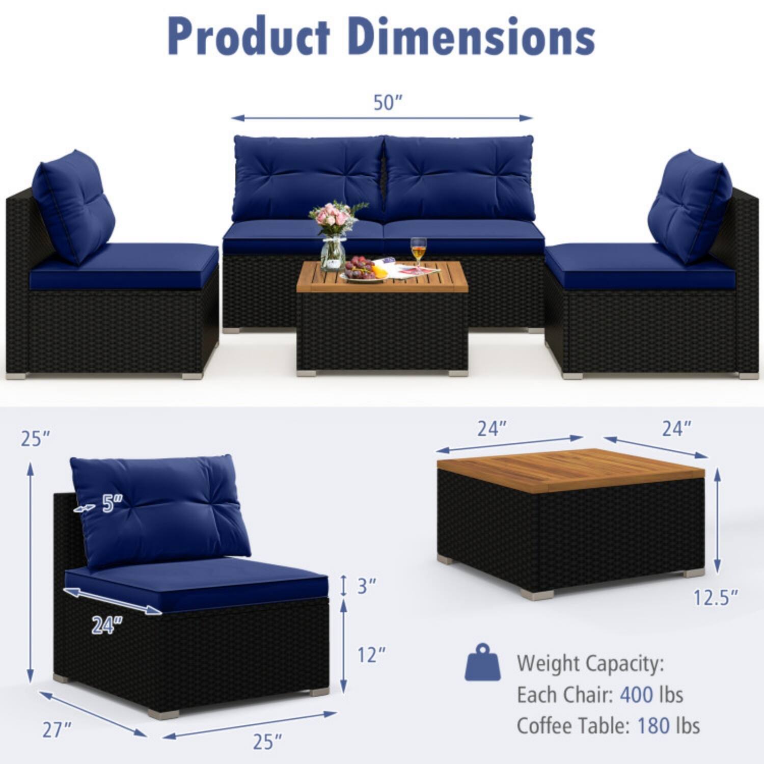 Product Dimensions  
50" x 25" x 24"  
27" x 24" x 12"  
3" x 12.5"  
Weight Capacity:  
Each Chair: 400 lbs  
Coffee Table: 180 lbs