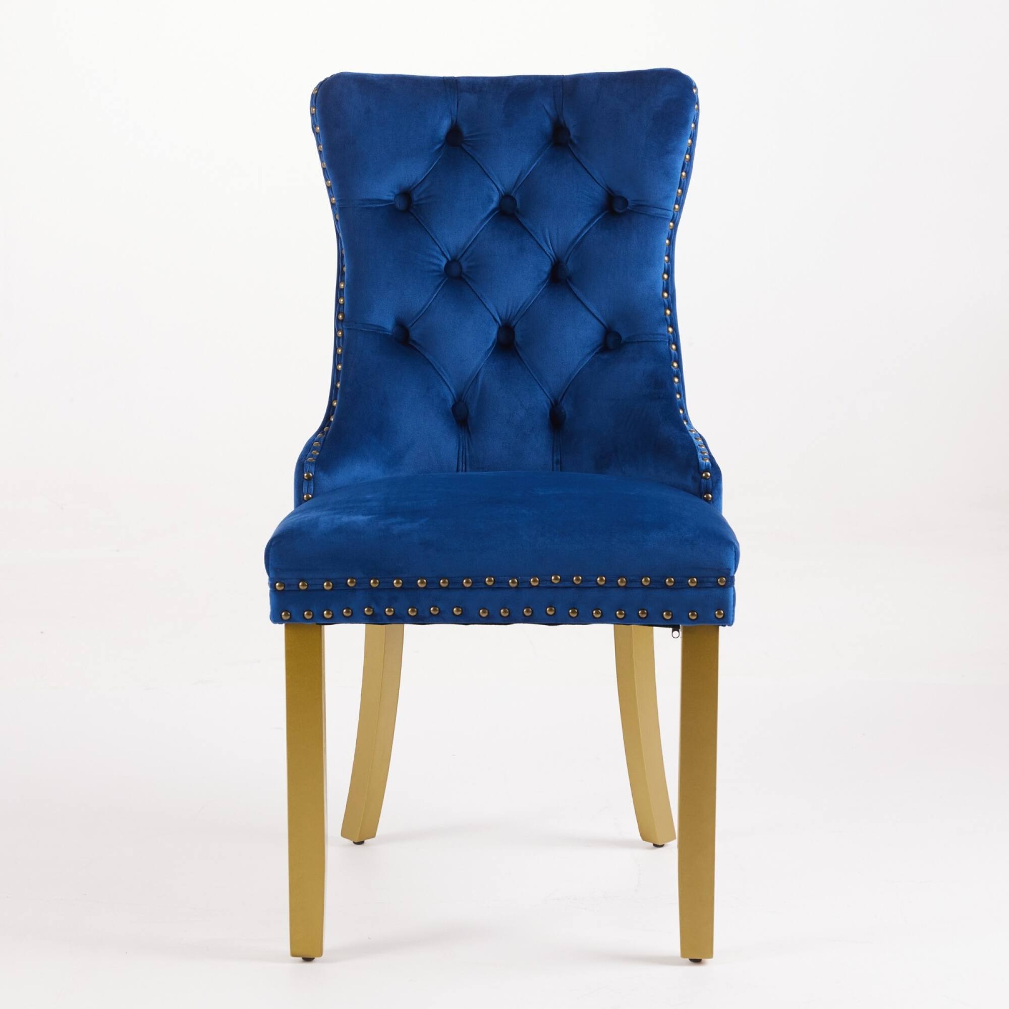 Angle. GOODSILO - Modern Tufted Velvet Dining Chairs with Lion Head Pull Rings and Golden Wooden Legs, Set of 2 - Blue.