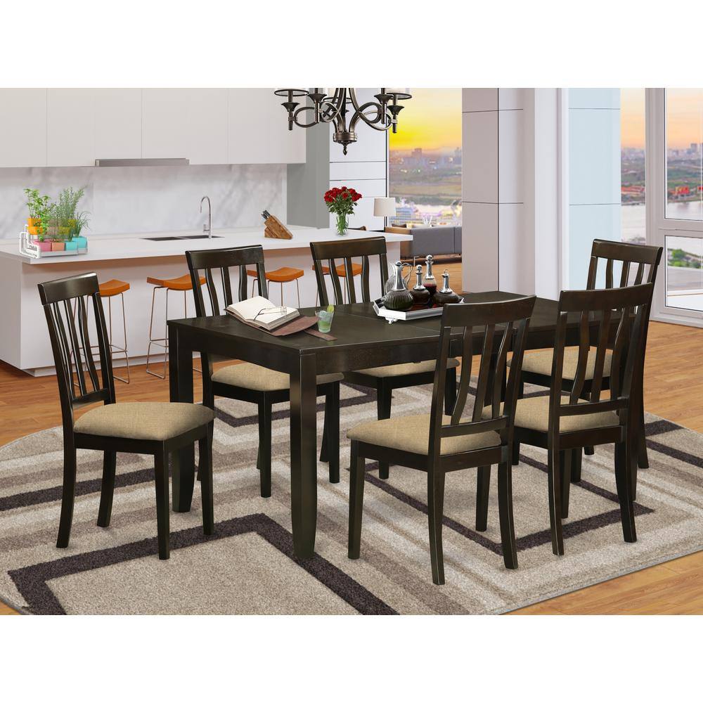 Angle. East West Furniture - LYAN7-CAP-C 7 Pc formal Dining room set-Kitchen Tables with Leaf 6 Dining Chairs - Cappuccino.