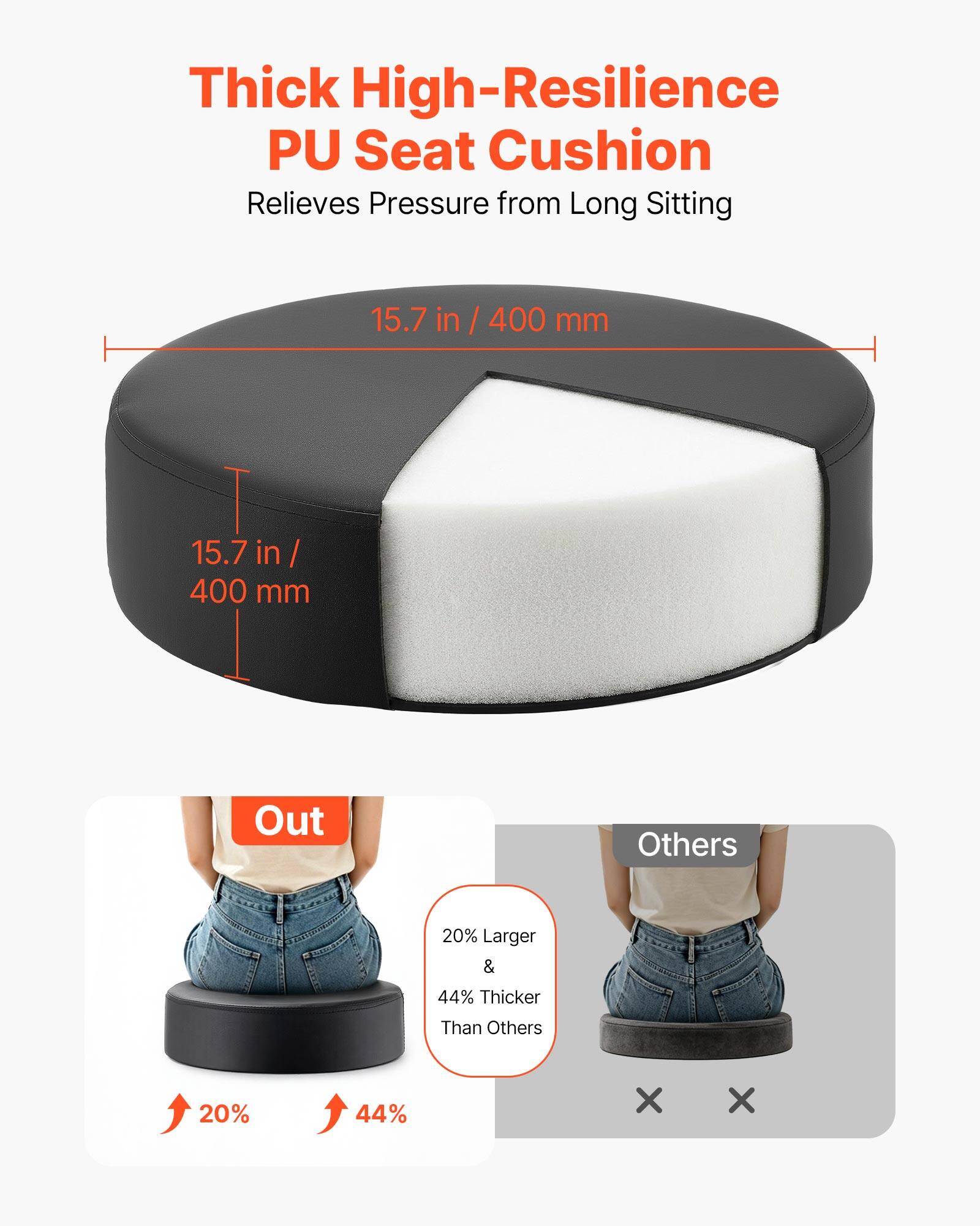 Thick High-Resilience PU Seat Cushion Relieves Pressure from Long Sitting

15.7 in / 400 mm

15.7 in / 400 mm

Out

Others

20% Larger & 44% Thicker Than Others