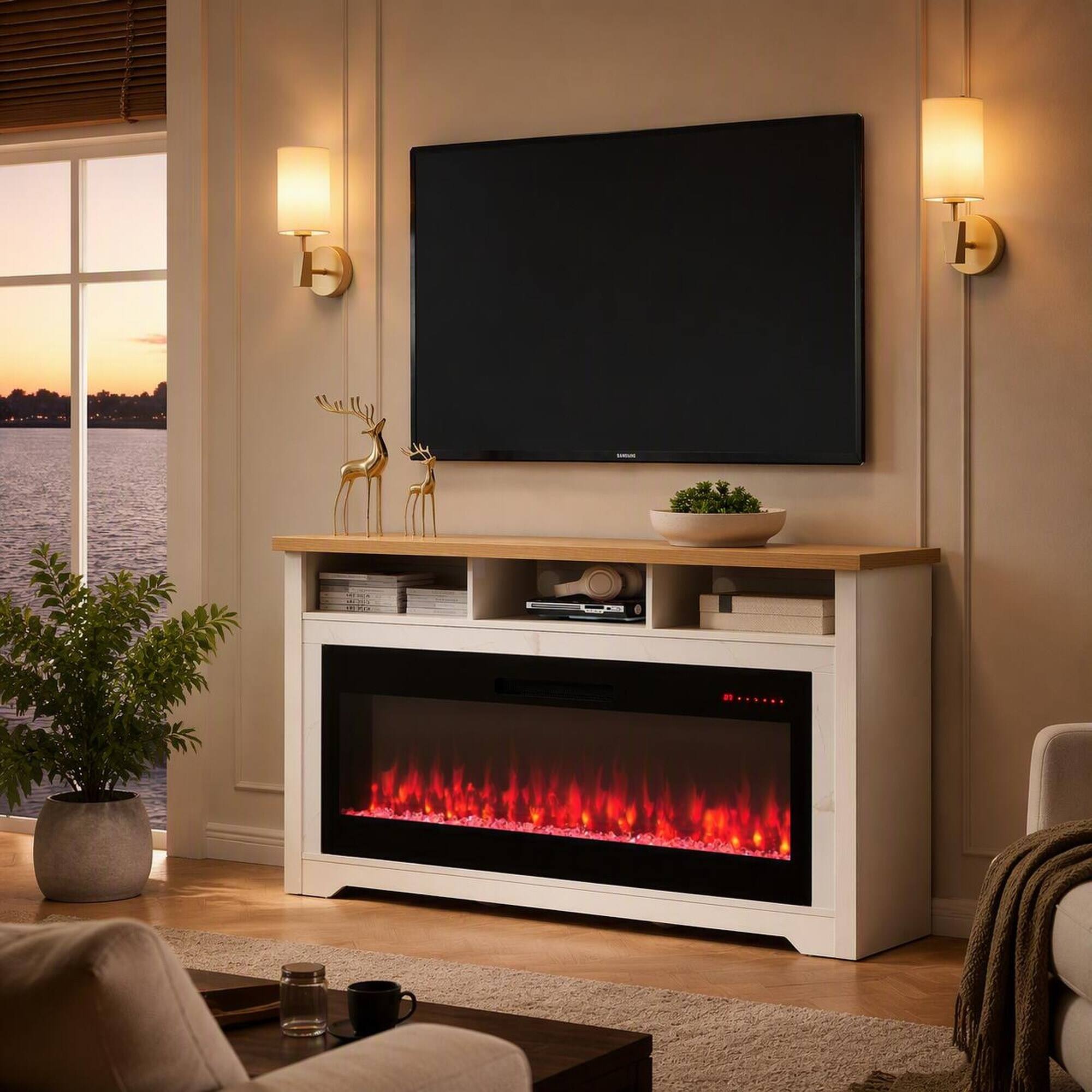 Back. RYHNUYNE - 60 Inch White Fireplace TV Stand With 50 Inch Smart Electric Fireplace, Fits Up To 70 Inch TVs For Living Room - Cream White.