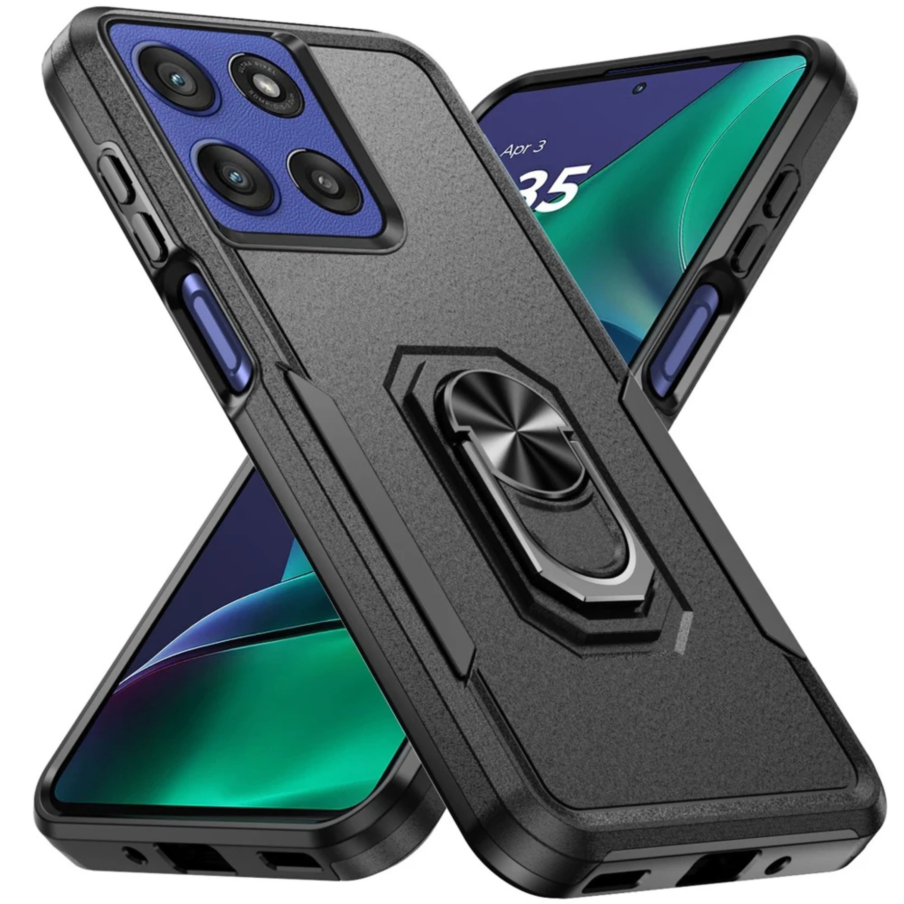 Kitcheniva - Hard Shell Soft Inner Rubber Cover Metal Ring Stand Phone Case With Tempered Glass For Moto G Stylus 2026/2025 - Black