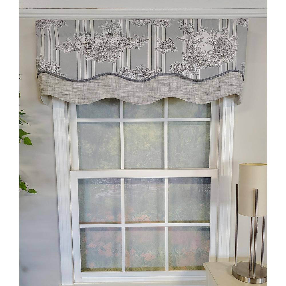 Angle. RLF Home - RLF Home French Tableau Classic Toile Stripe and Solid Fabric Gimp Trim Ivory Lining Glory Valance 50" X 16" Gray - Gray.