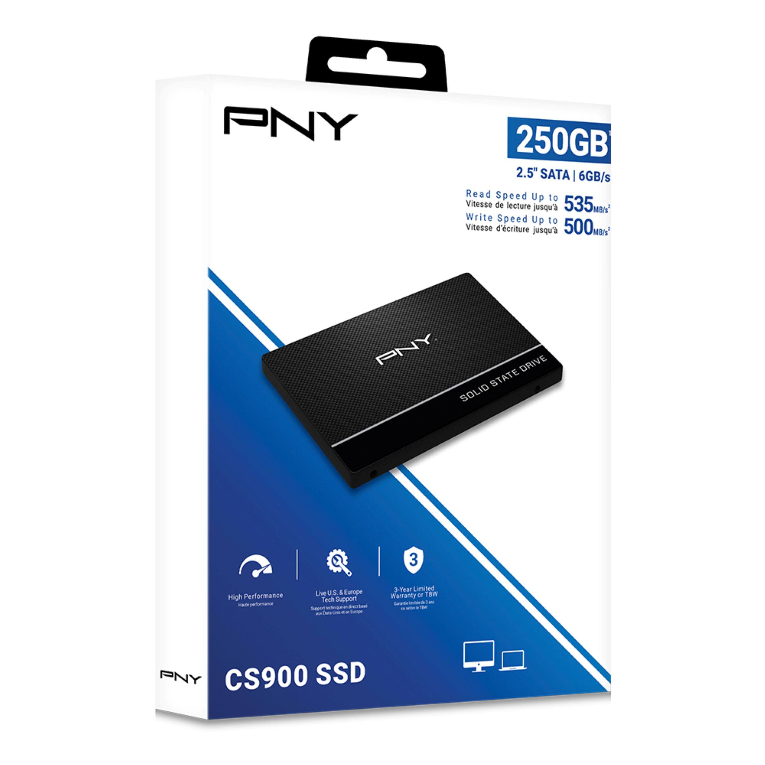 PNY  
250GB 2.5" SATA 6GB/s  
Read Speed Up to 535 MB/s  
Write Speed Up to 500 MB/s  
PNY CS900 SSD  
3-Year Limited Warranty  
Live U.S. & Europe Tech Support  
High Performance