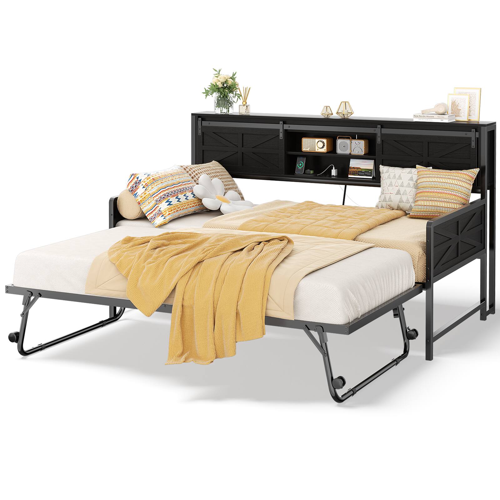Angle. Aheaplus - Farmhouse Twin Daybed With Bookcase Headboard & Charging Station - Trundle Sofa Bed Frame, Space-Saving - Black.