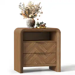paproos - 24.21" Modern Nightstand, Mid Century Modern Bedside Table with 2 Drawers, Open Shelf, Herringbone & Curved Design - Walnut
