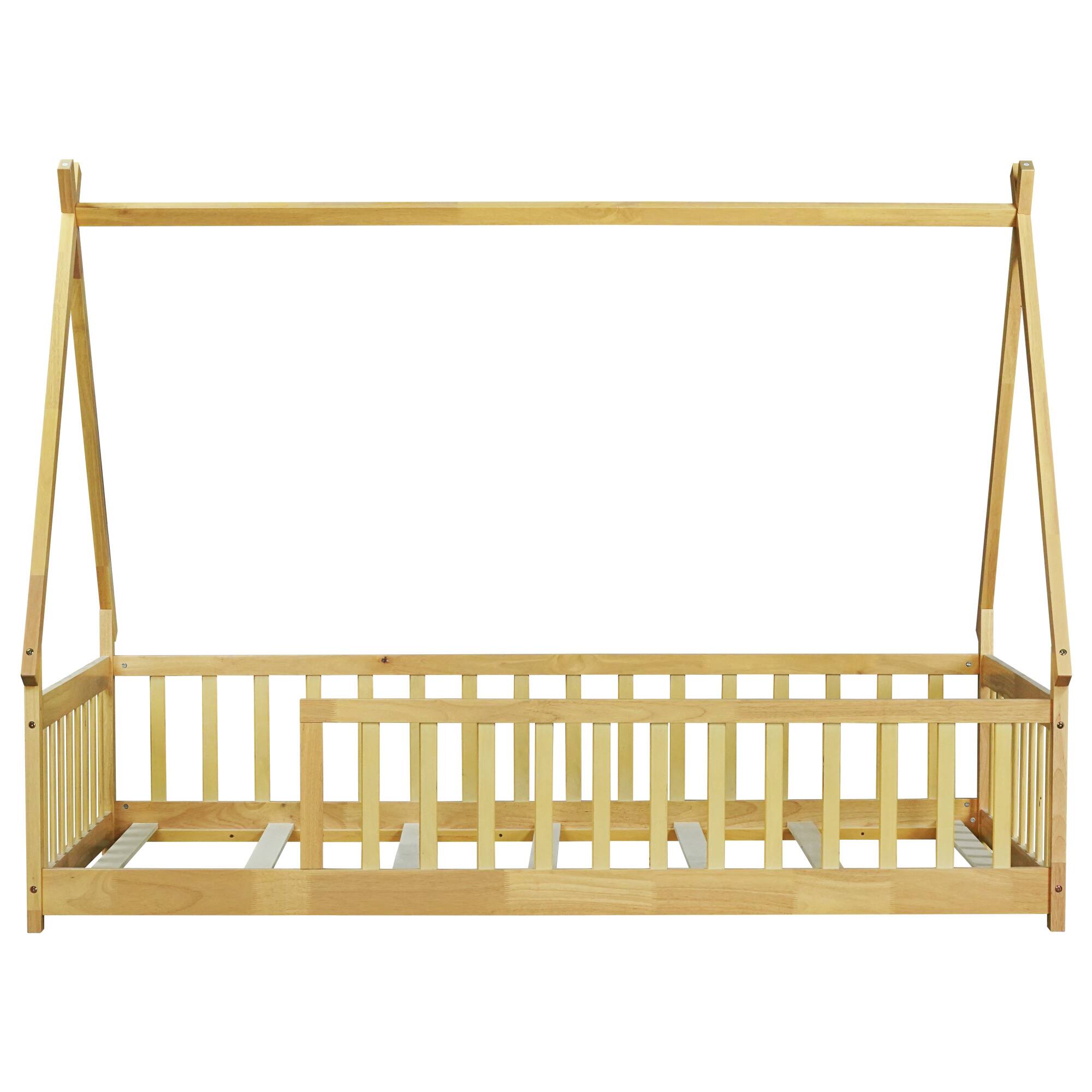 Back. GOODSILO - Twin-Size Tent-Shaped Low Profile Floor Bed with Safety Guardrails and Slatted Base - Natural.