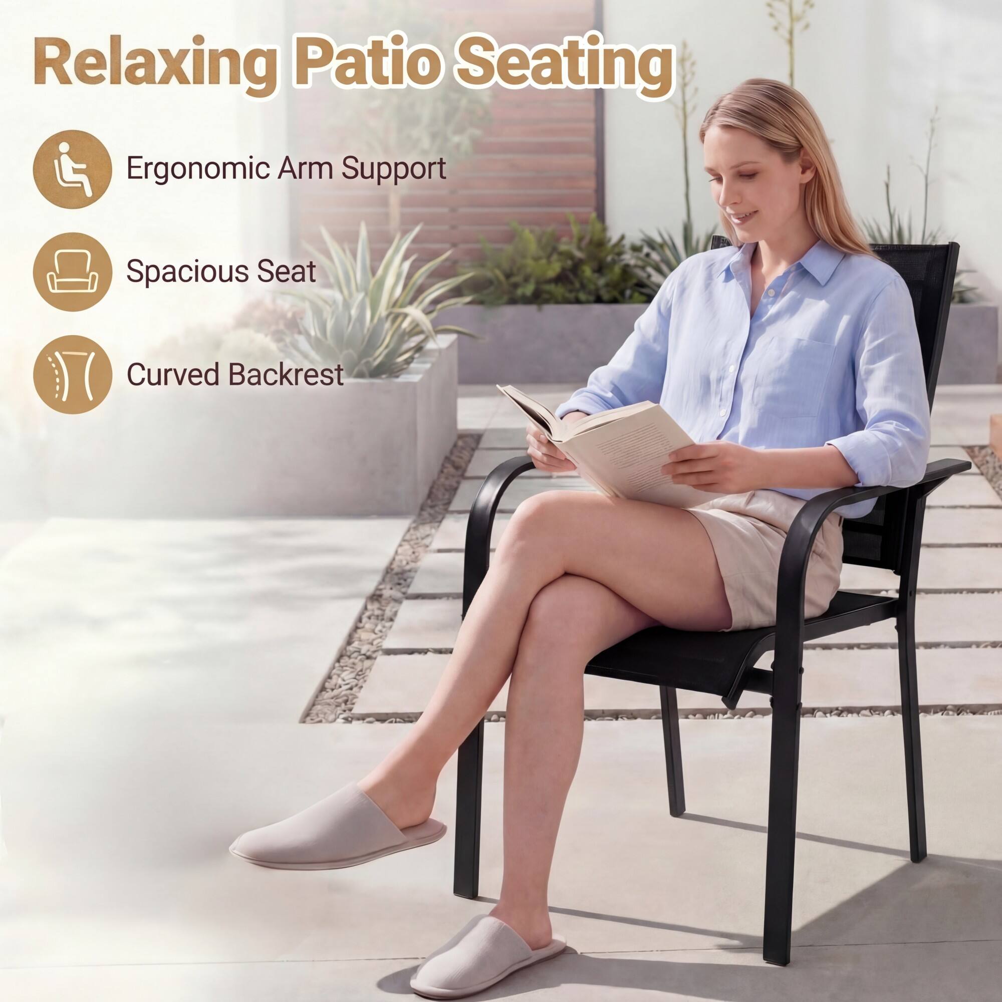Relaxing Patio Seating

- Ergonomic Arm Support
- Spacious Seat
- Curved Backrest