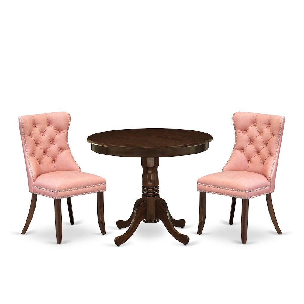 Angle. East West Furniture - 3 Piece Dining Set Contains a Round Kitchen Table with Pedestal - Brown.