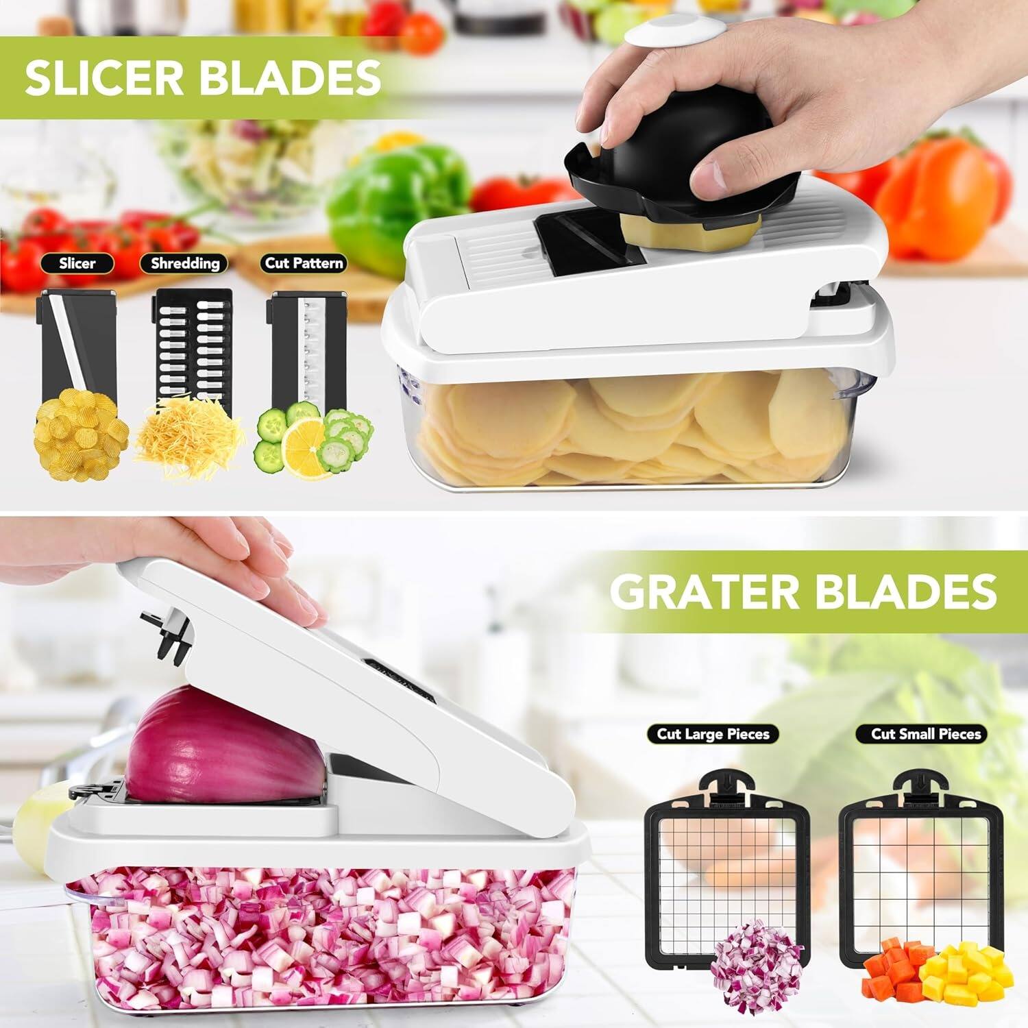 Slicer Blades: Slicer, Shredding, Cut Pattern

Grater Blades: Cut Large Pieces, Cut Small Pieces