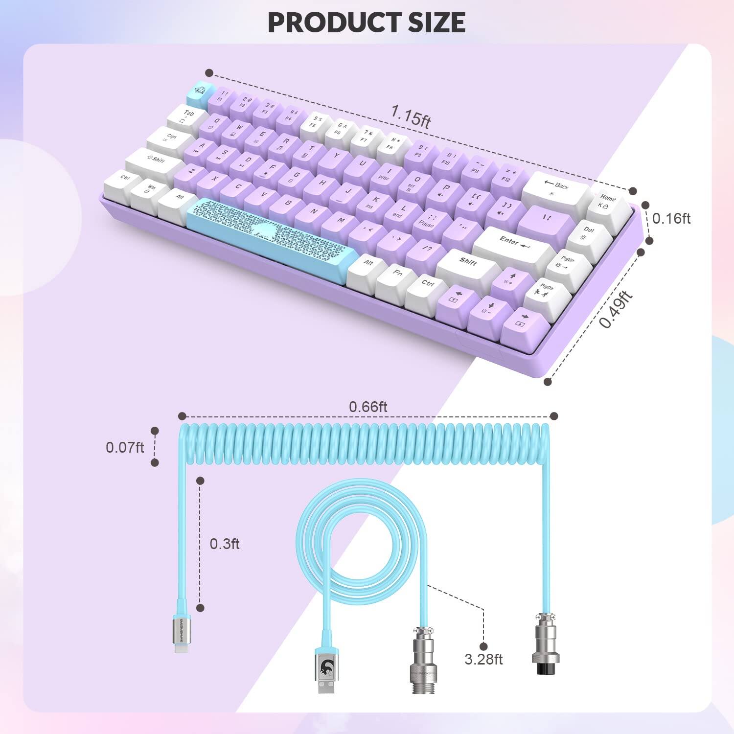 PRODUCT SIZE

- Keyboard Length: 1.15ft
- Keyboard Width: 0.49ft
- Keyboard Height: 0.07ft
- Cable Length: 3.28ft
- Cable Coil Diameter: 0.3ft
- Cable Coil Length: 0.66ft
- Cable Connector Length: 0.16ft