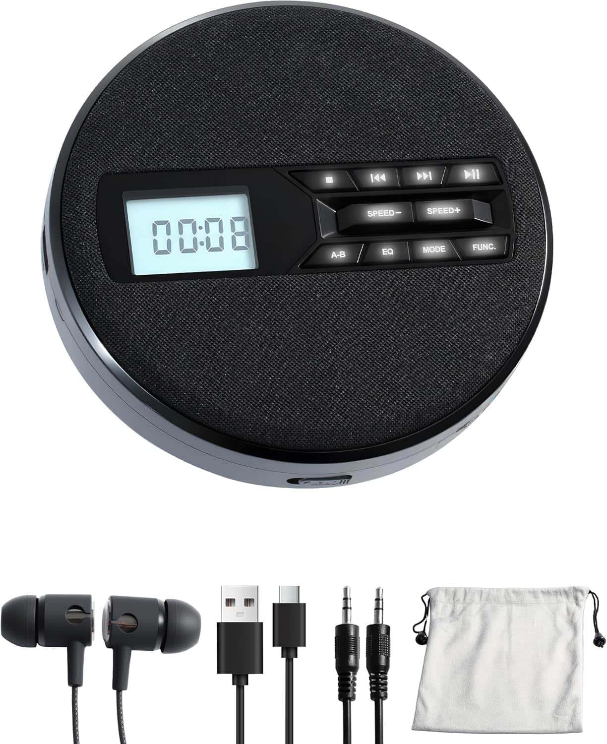 Vulpecula Spade - CD Player Portable with Speakers - Rechargeable Personal CD Player for Car and Home, Small Fabric Music Player with Back