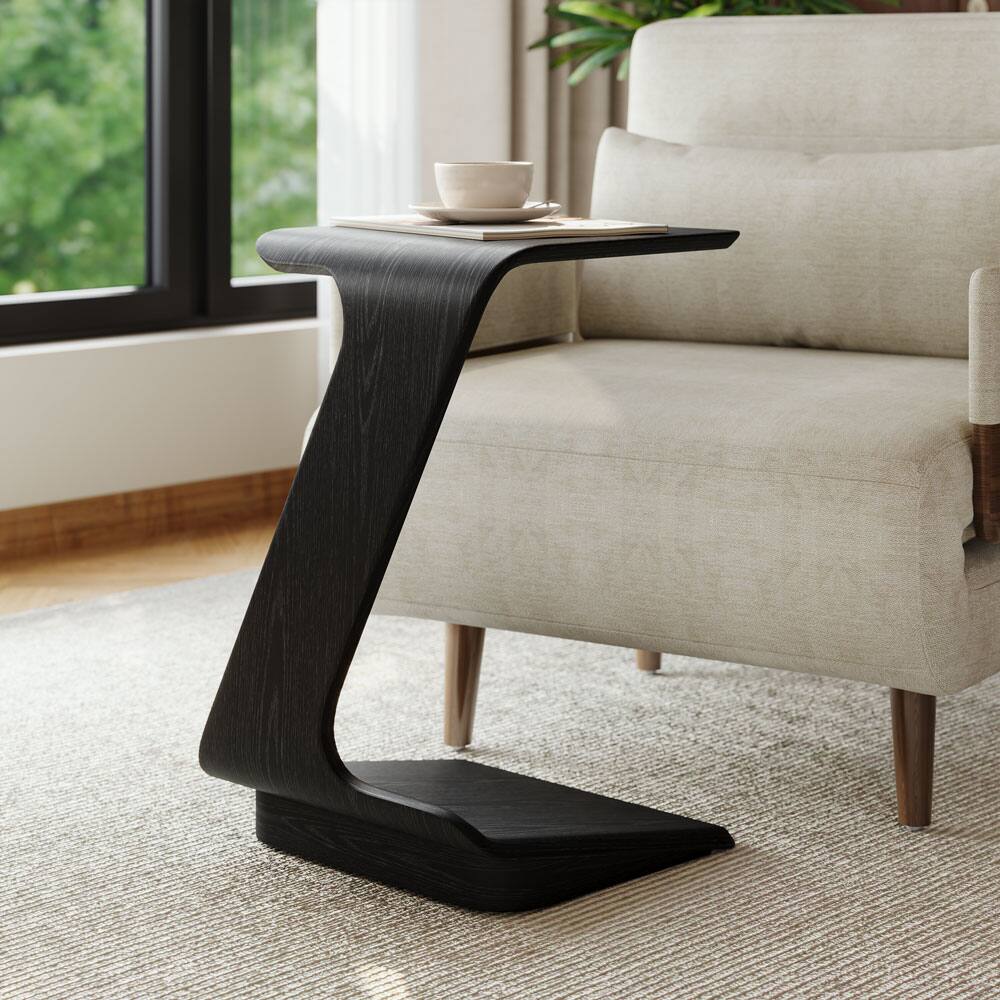 Angle. POVISON - 15" Modern C-Shaped Side Table with Wheels, Mid-Century Modern, Black Color End Table for Living Room - Black.