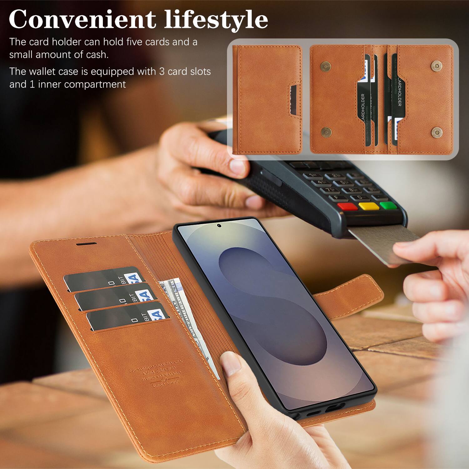 Convenient lifestyle

The card holder can hold five cards and a small amount of cash.

The wallet case is equipped with 3 card slots and 1 inner compartment