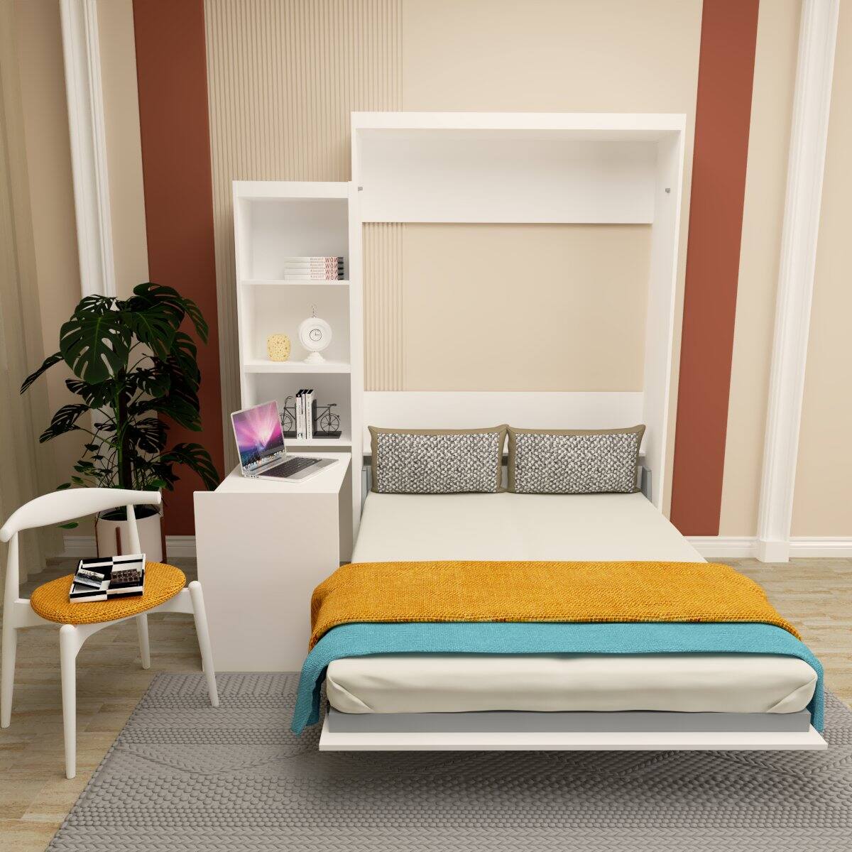 Alt View 4. Tiramisubest - Queen Size Modern Murphy Bed with Table, White, Space-Saving - White.