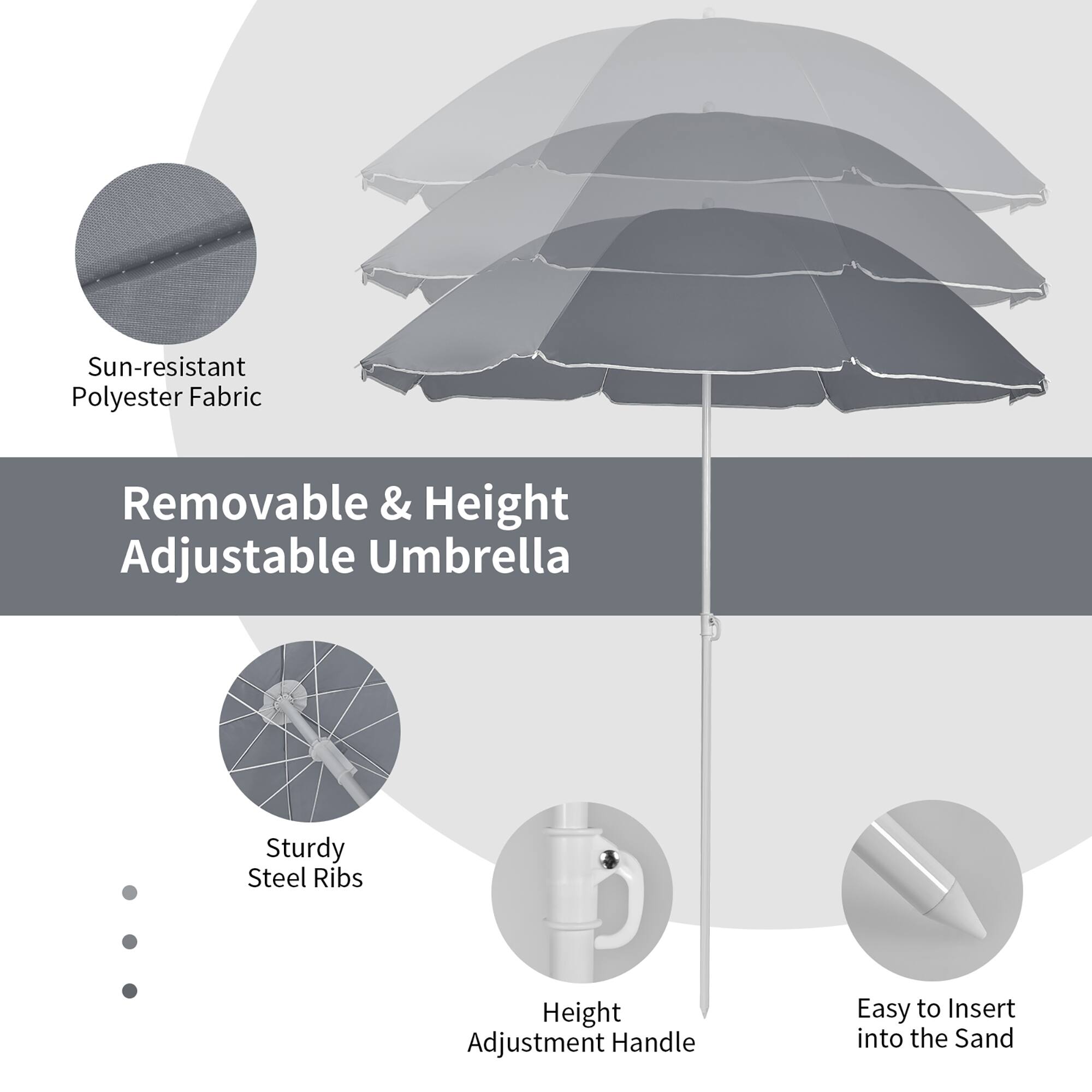 Sun-resistant Polyester Fabric Removable & Height Adjustable Umbrella Sturdy Steel Ribs Height Adjustment Handle Easy to Insert into the Sand