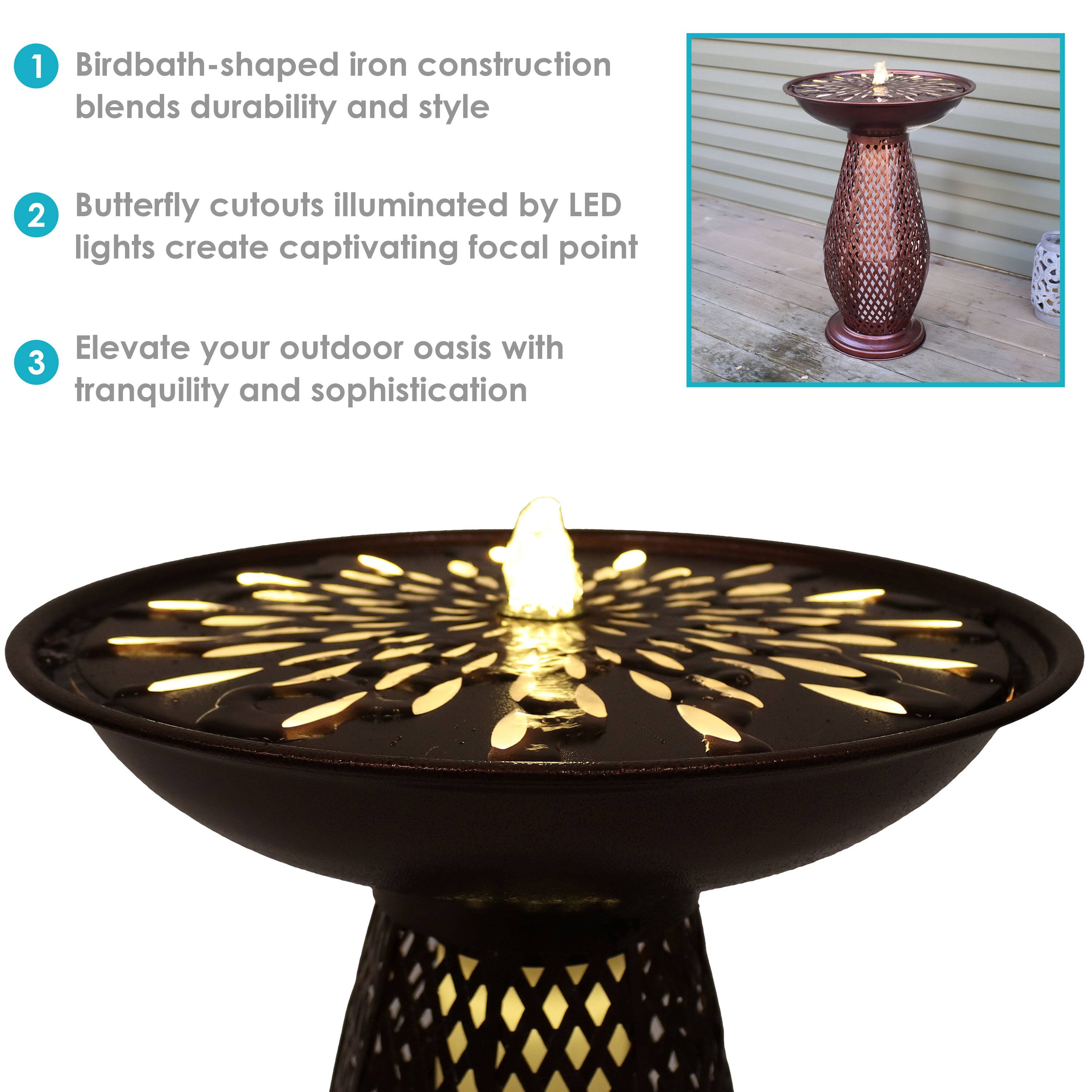 1. Birdbath-shaped iron construction blends durability and style  
2. Butterfly cutouts illuminated by LED lights create captivating focal point  
3. Elevate your outdoor oasis with tranquility and sophistication