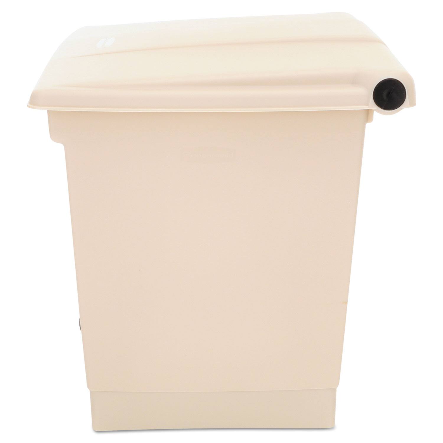 Angle. RubberMaid - Indoor Utility Step-On Waste Container, 8 gal, Plastic, Beige.