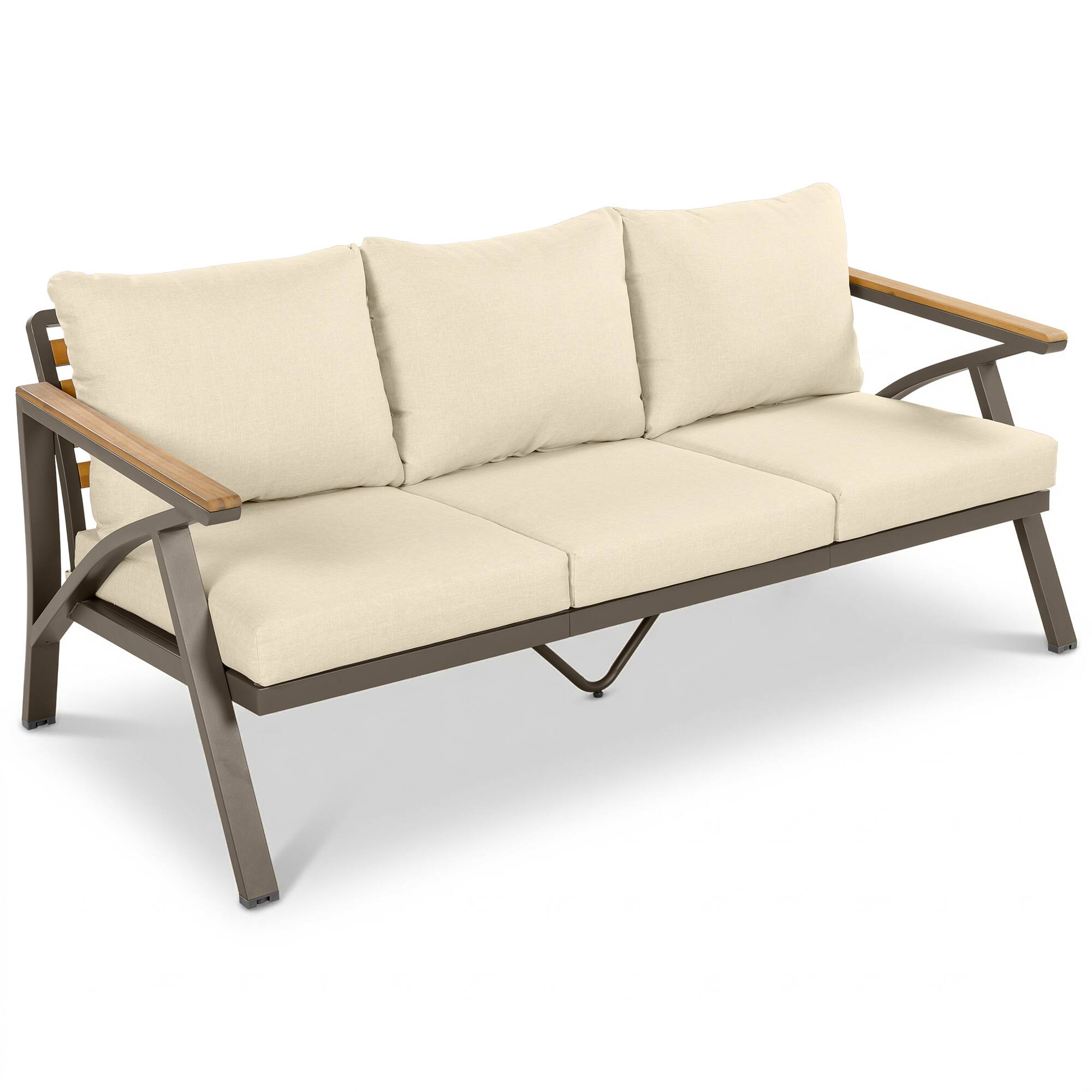 Alt View 1. Whisen - 6-Piece Outdoor Patio Furniture Set with Acacia Wood Table, Steel Sofa, Armchairs & Ottomans for Garden - Brown|Beige.