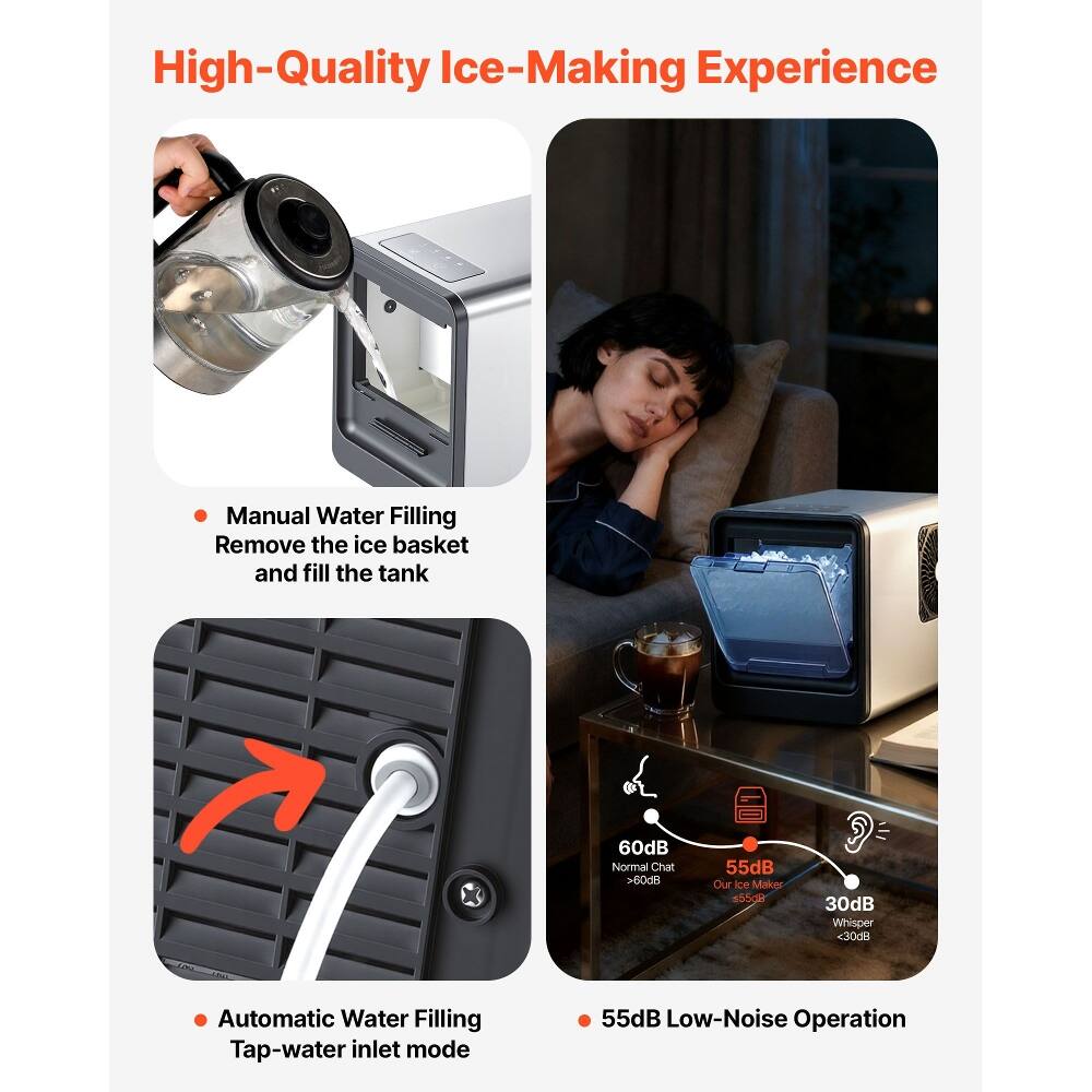 High-Quality Ice-Making Experience

Manual Water Filling
Remove the ice basket and fill the tank

Automatic Water Filling
Tap-water inlet mode

55dB Low-Noise Operation