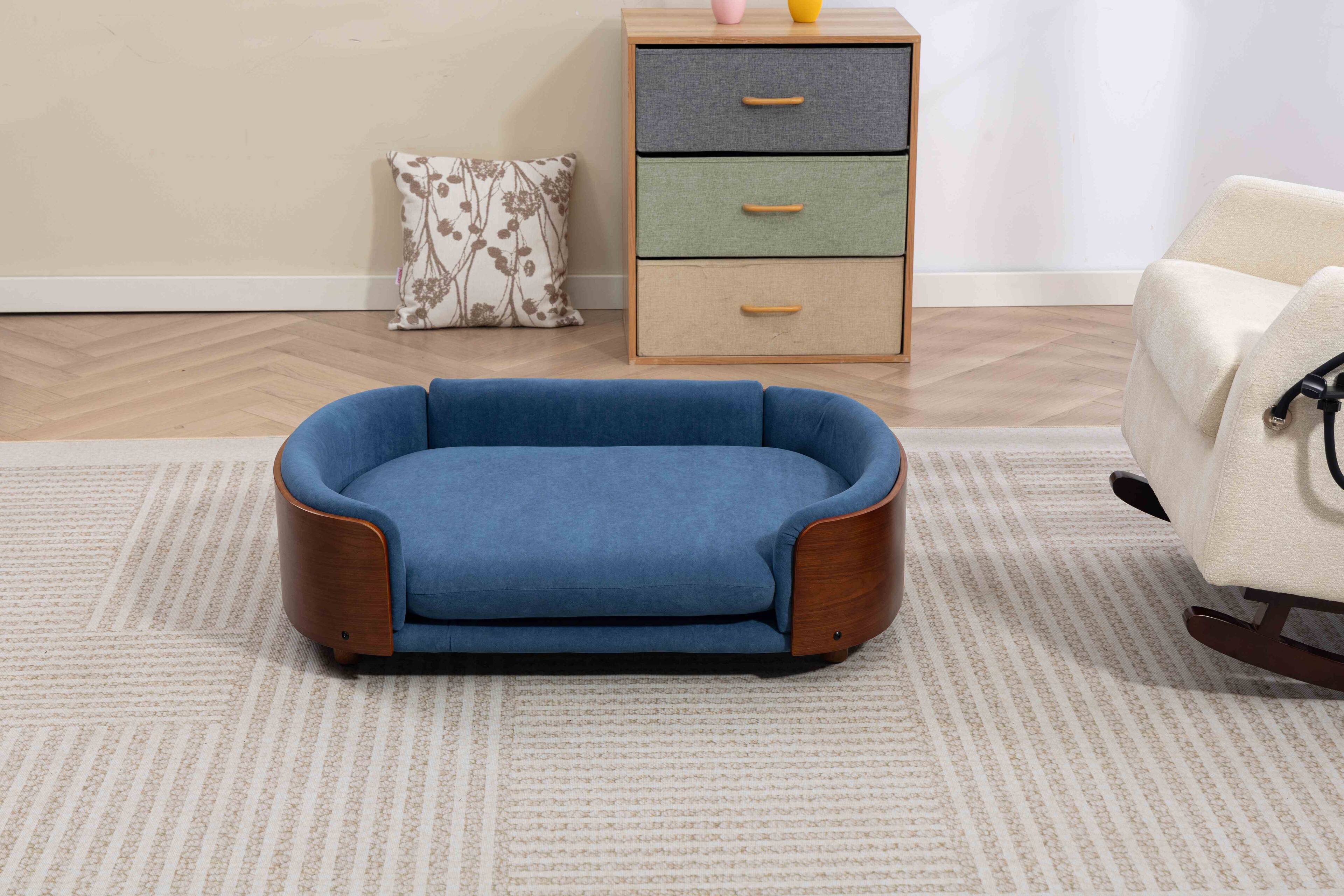 Back. APRILSOUL - Scandinavian style Elevated Dog Bed Pet Sofa With Solid Wood legs and Walnut Bent Wood Back Velvet Cushion Large Size - Blue.