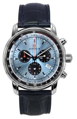 Zeppelin - LZ 14 Marine Quartz 88862 Chronograph Leather Strap Ice Blue Dial Men's Watch 50M - Black,Blue