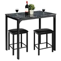 Costway 3 Piece Counter Height Dining Set Faux Marble Table 2 Chairs Kitchen Bar - Black - Front_Zoom