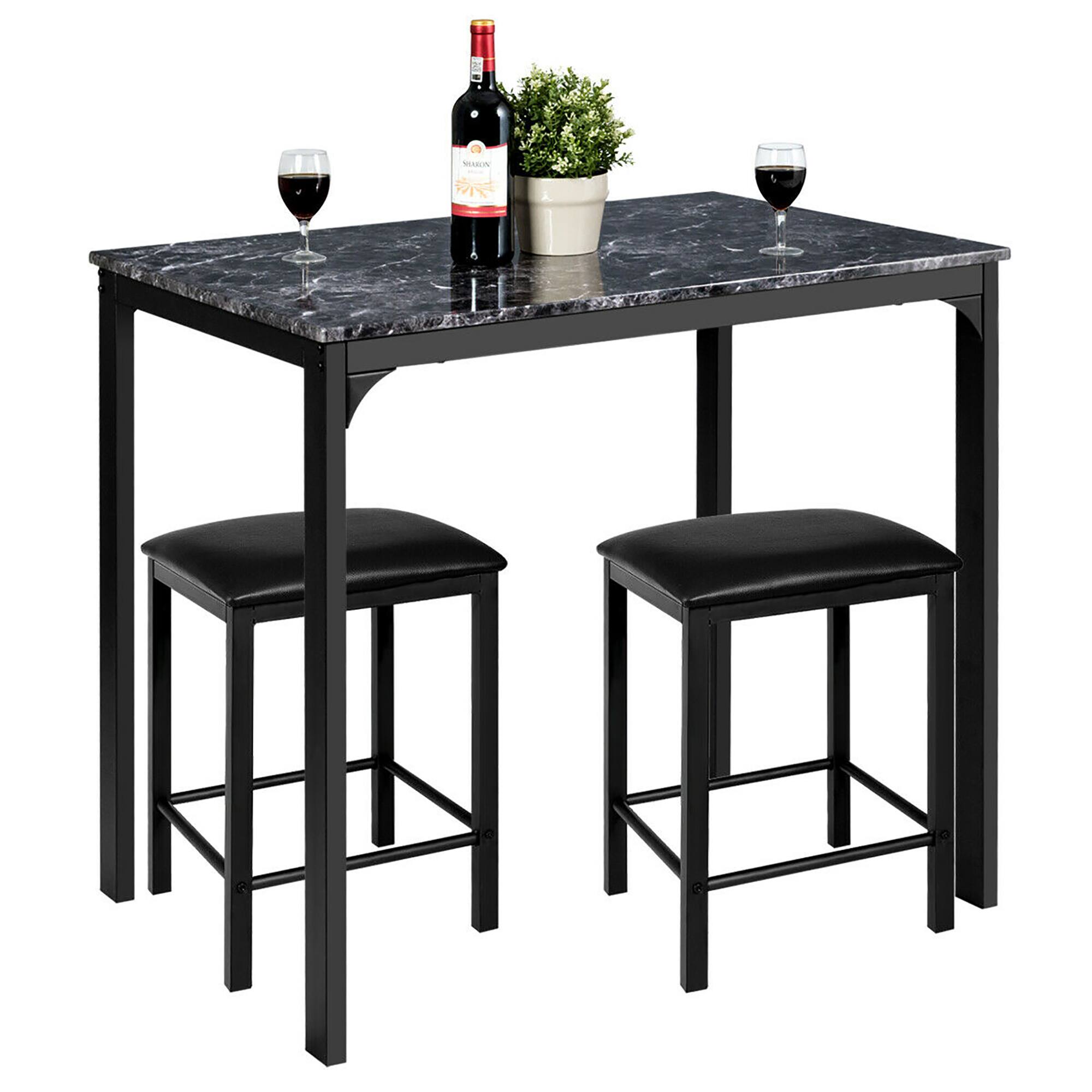 Costway - 3 Piece Counter Height Dining Set Faux Marble Table 2 Chairs Kitchen Bar - Black