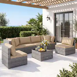 Costway - 7PCS Patio Rattan Furniture Set Sectional Sofa Cushioned Garden - Mix Gray,Brown