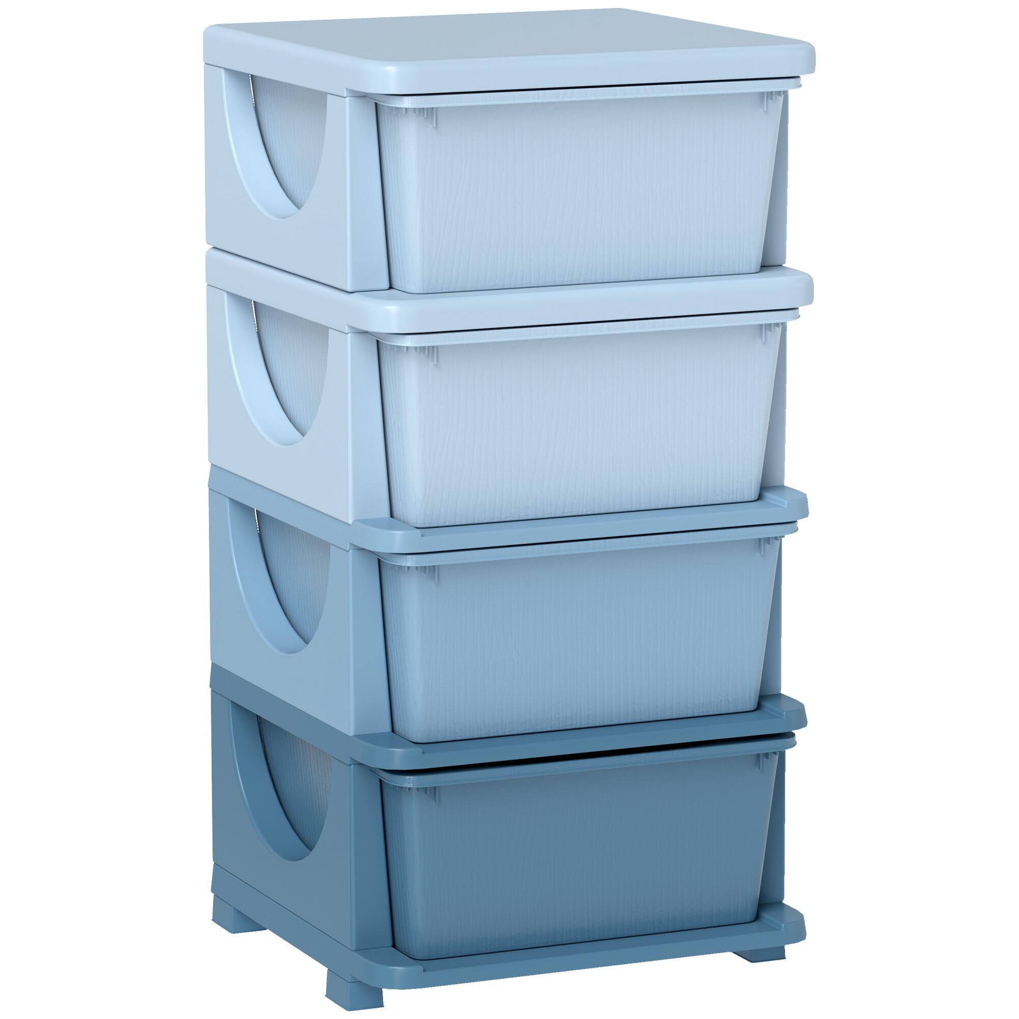 Qaba - 4 Tier Kids Storage Unit, 4 Drawer Chest Toy Organizer Plastic Bins for Kids Bedroom, Nursery, Kindergarten, Living Room - Blue